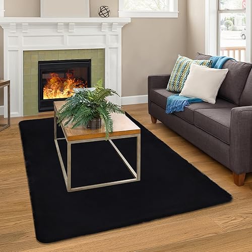 Miniatura 4 de Alfombra negra de piel sintética de conejo de 3 x 5 pies para dormitorio, sala de estar, cuarto de bebé, alfombra lavable