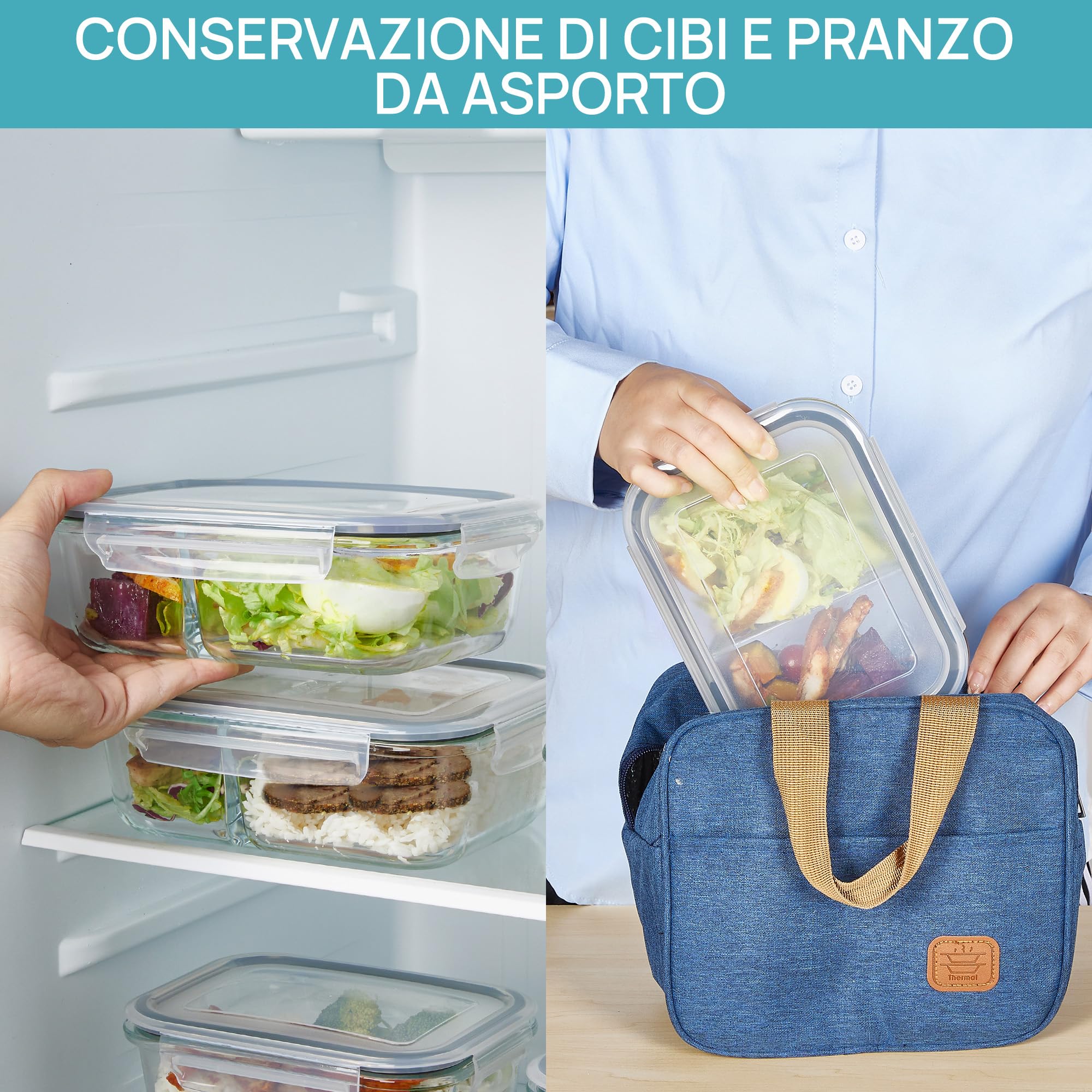 Vtopmart Set di 5 Contenitori Vetro per Alimenti Con 2 Scomparti, Porta Pranzo Vetro con Coperchio, Contenitori Ermetici per Alimenti,Adatti A Freezer, Microonde E Lavastoviglie, Senza BPA