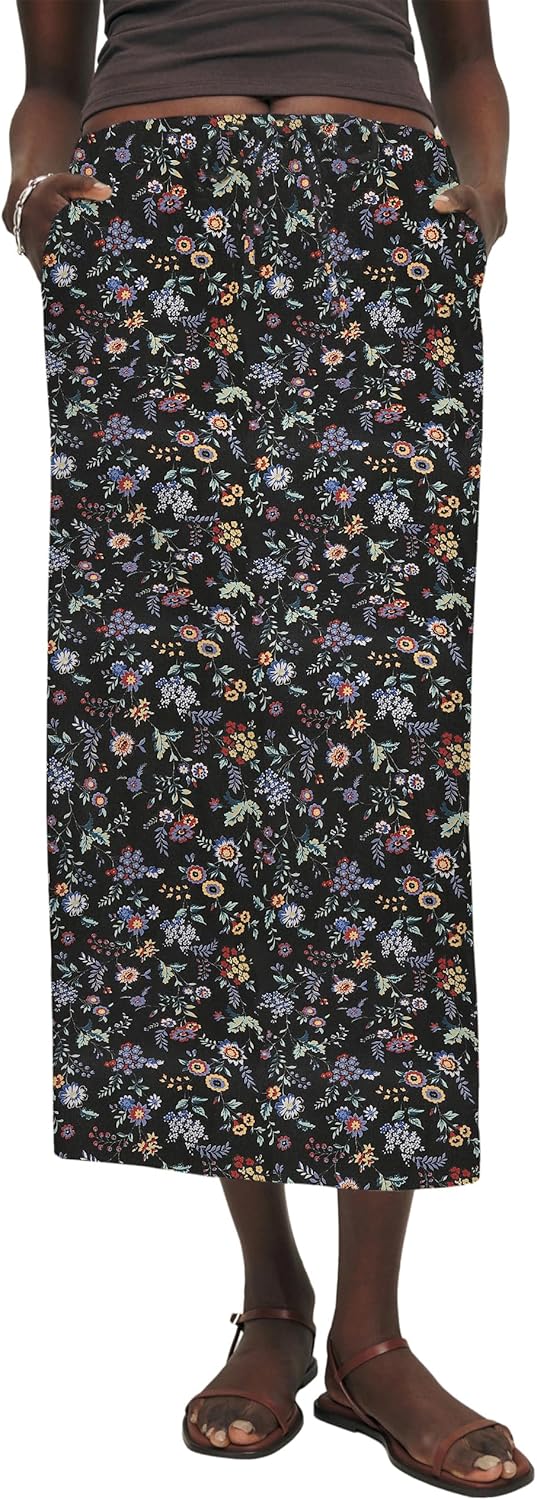 IDEALSANXUN Womens Linen Skirts Trendy Elastic Waist Drawstring Long Skirts with Slit