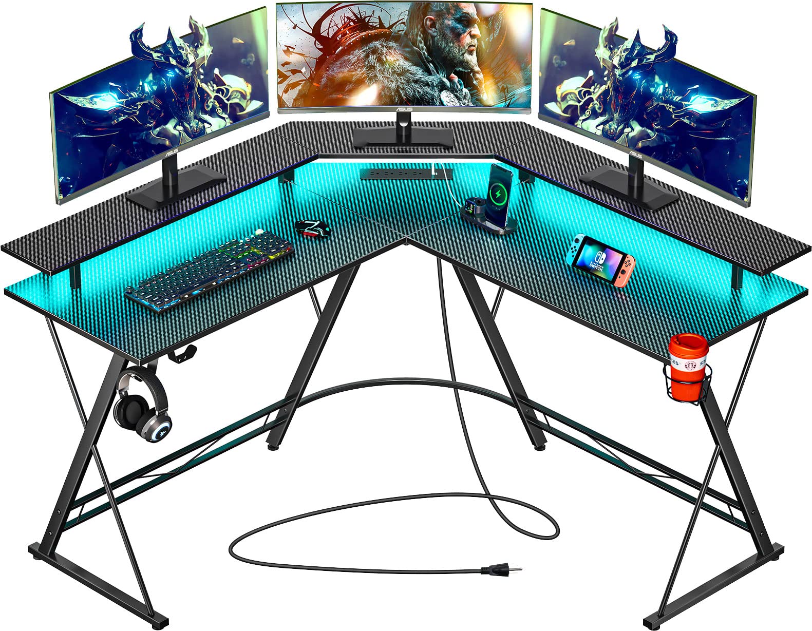 Buy L Shaped Gaming Desk with LED Lights & Power Outlets, 50.4