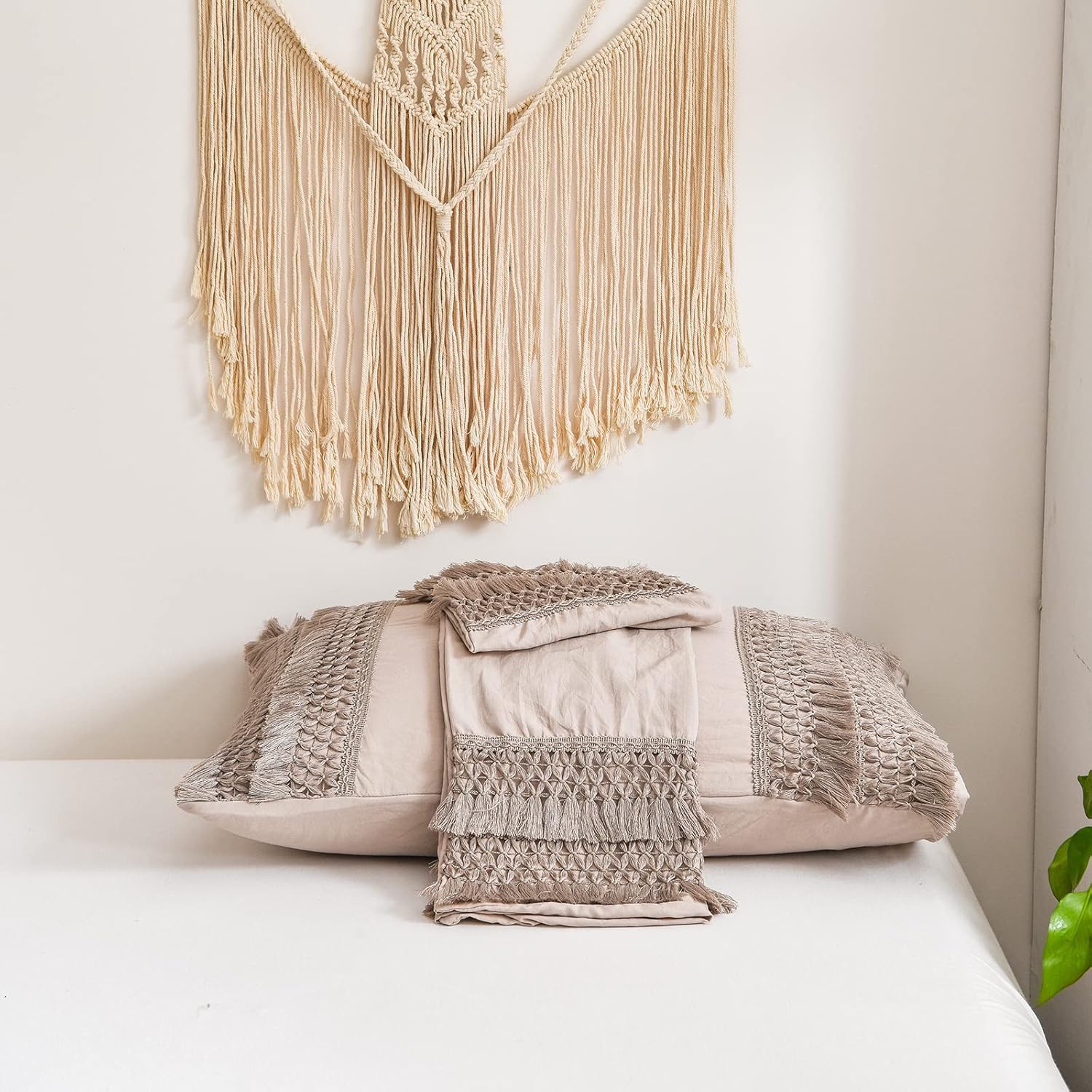 Taupe Pillowcases, Khaki Macrame Tassel Pillow Cases Set of 2, Soft Washed Microfiber, Taupe Decor Tassel Boho Pillow Cover, 2 Pack (King, Taupe Tassel) - Image 7