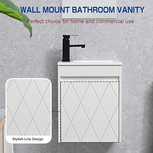 Vista 5 de Combo de lavabo de baño de 16 pulgadas para espacio pequeño, juego de gabinete de baño montado en la pared con lavabo de resina blanca, grifo negro