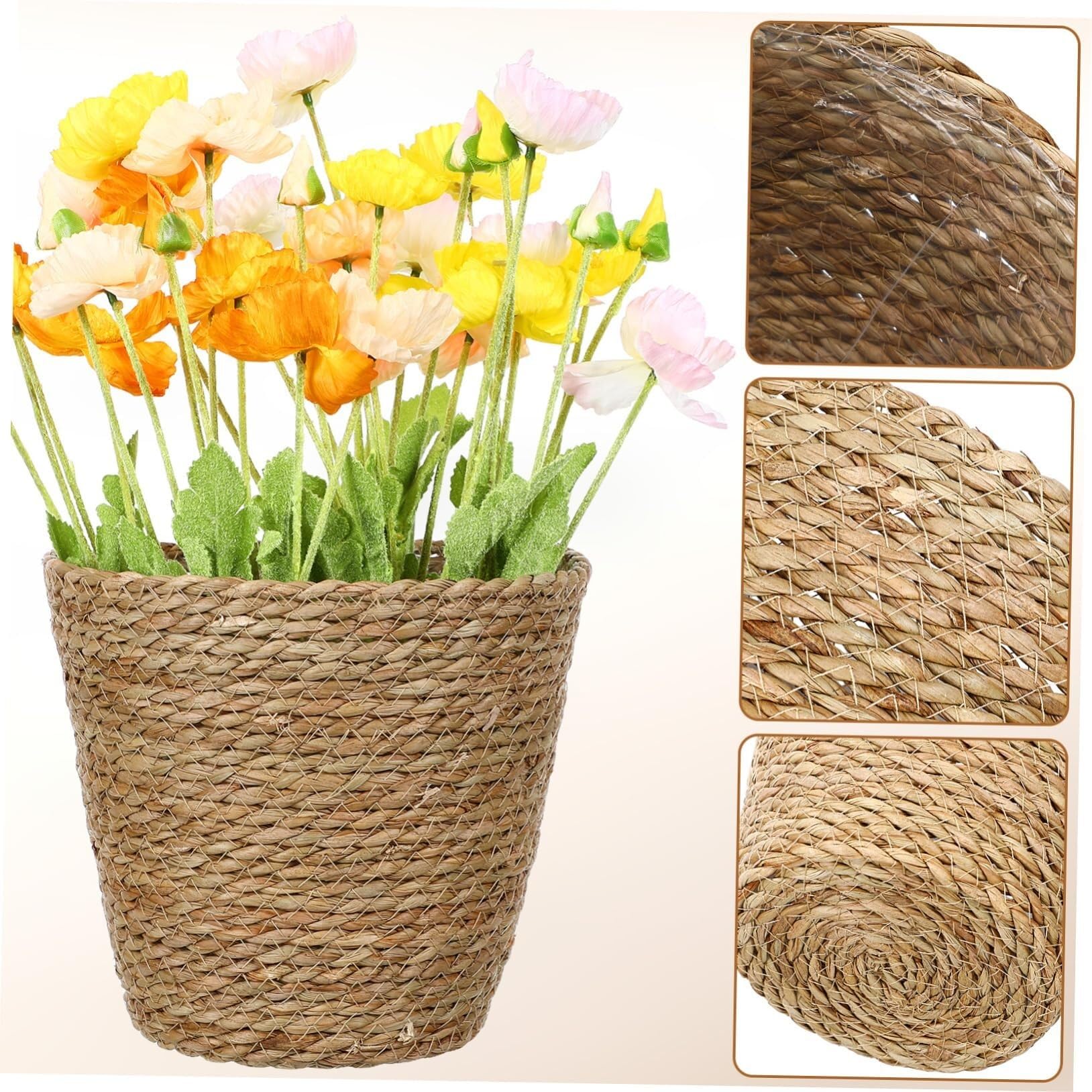 Elegante cesto per piante intrecciato in paglia, grande vaso per fiori in alghe marine, regalo decorativo per gli amanti delle piante (marrone chiaro)