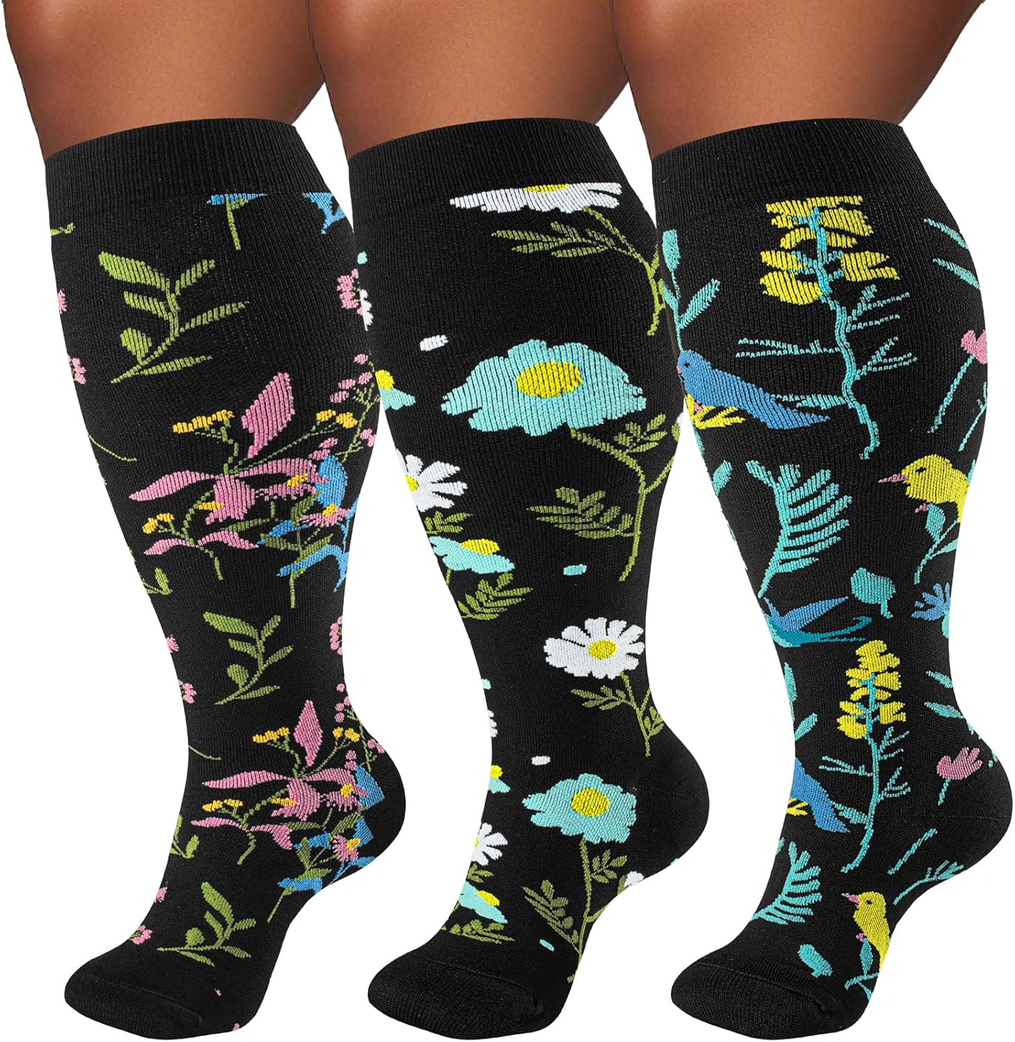 Plus Size Compression Socks for Women & Men 3 Pairs, Wide Calf Extra Large 20-30 mmHg Knee High Support Socks for Travel, Running, Nurse