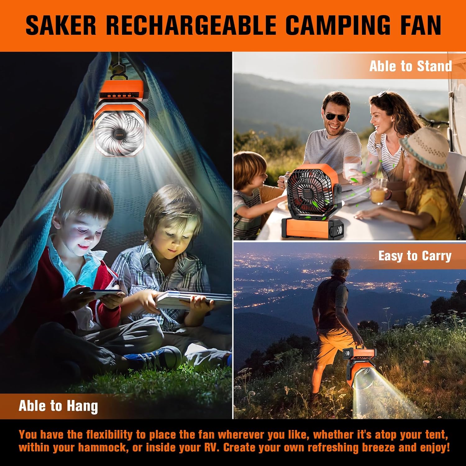 Saker Camping Fan shown in hanging and standing positions