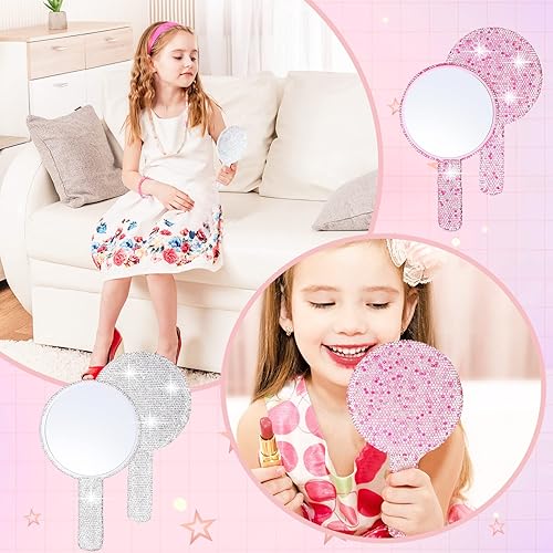 Miniatura 4 de Bucherry 2 piezas de espejo de mano con diamantes de imitación, color rosa y blanco, espejos de mano con asa con purpurina, lindo maquillaje