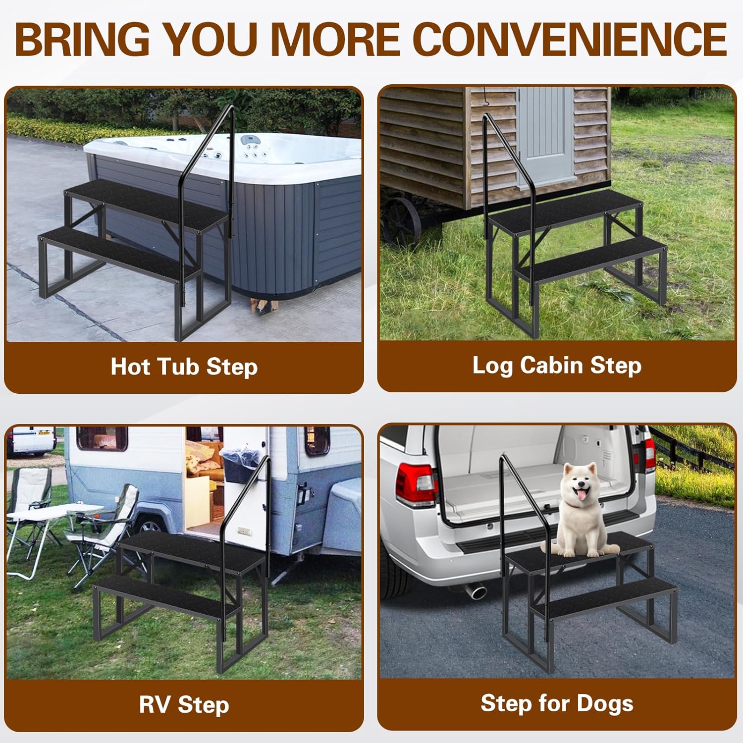 2 Step RV Steps with Handrail, Upgrade RV Stairs with Platform, 660lbs Anti-Slip Hot Tub Steps Spa Steps Step Ladder Outdoor Steps for Camper/Spa/Porch/Pet/Mobile Home(2 handrails)