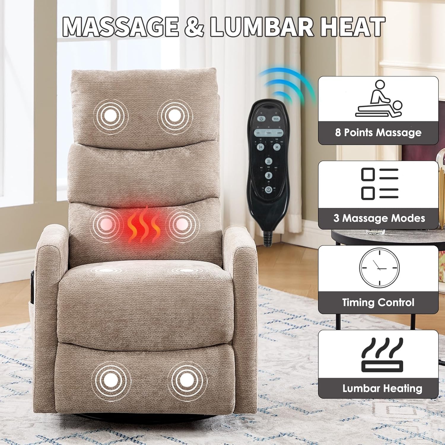 Trustyue Swivel Rocker Recliner Chair, 360° Swivel Recliner with Heat and Massage,Chenille Rocker Recliner Nursery Glider Recliner Chair with Side Pockets for Living Room Khaki