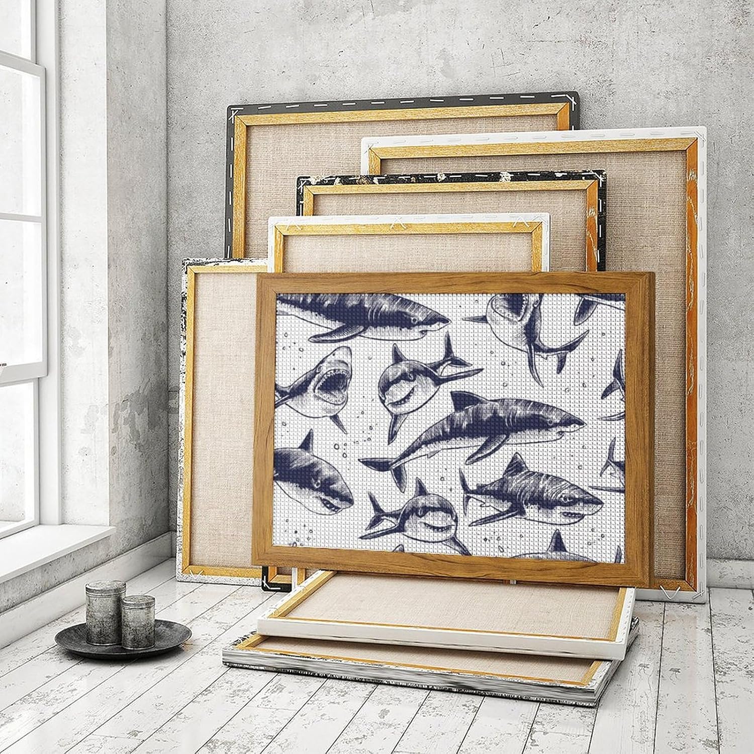 Ocean Sharks Printed Diamond 5D Painting Kits DIY Full Drill Crafts for Home Wall Decor 16x20 Inch Yellow Wood 50 * 40cm