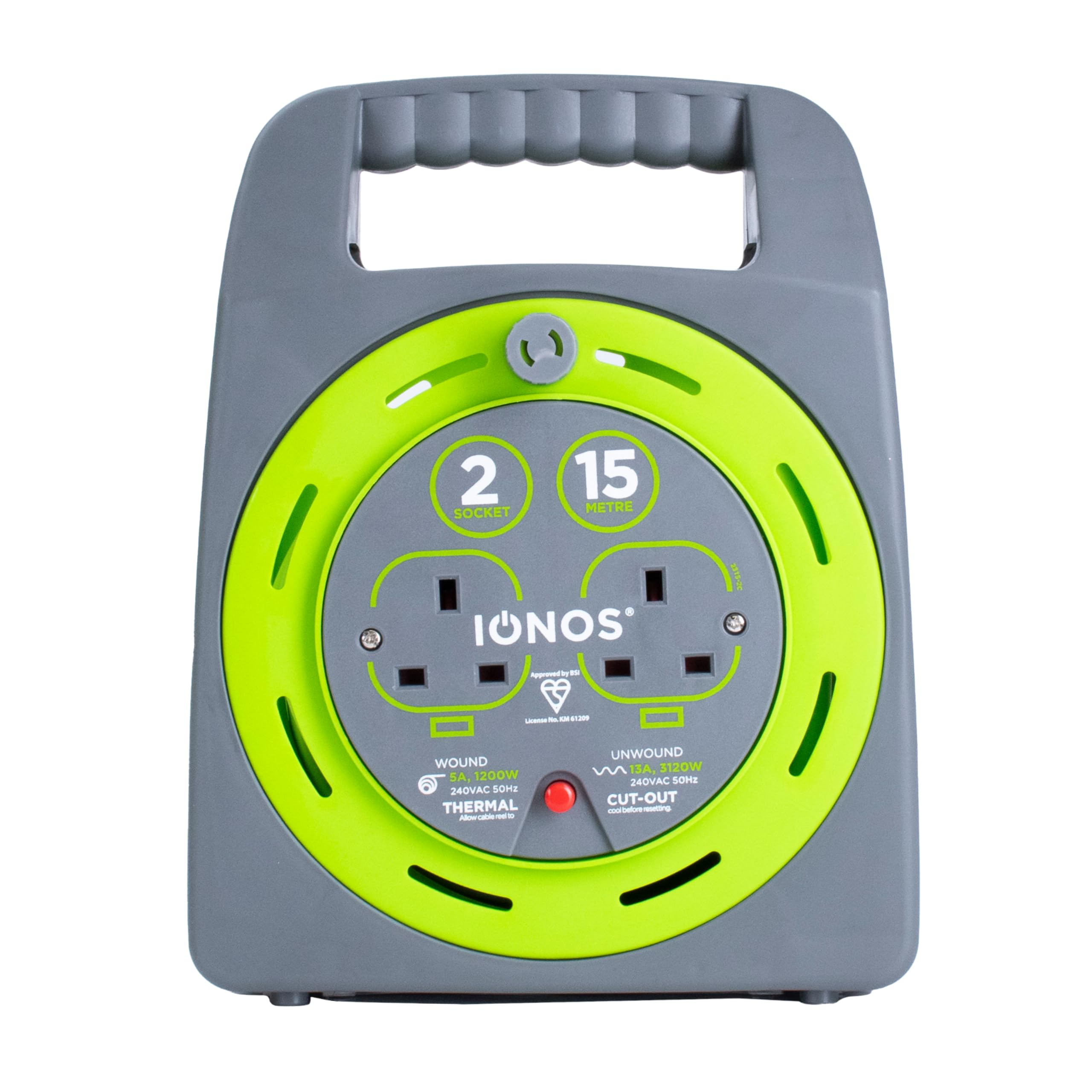 IONOS 2 Socket Cable Reel, 10m, Green Extension Lead, 13A with Thermal Cut Out, Heavy Duty Outdoor Extension Lead (ION13A10MCR6) — view 10