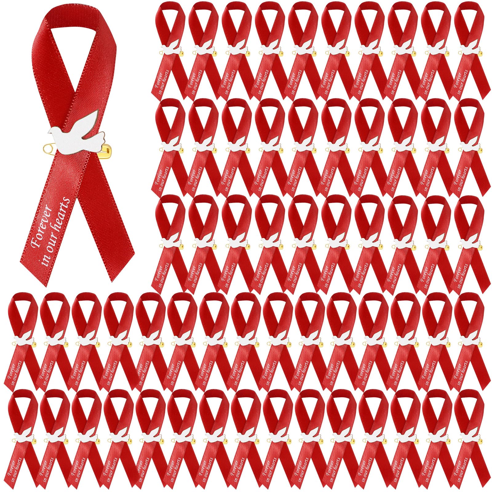 50 Pcs Dove Funeral Ribbons Memorial Ribbon Funeral Pins Classic Memorial Service Respect Ribbon Bow with Safety Pins and Dove for Mourning Remembrance Day Event(Red)