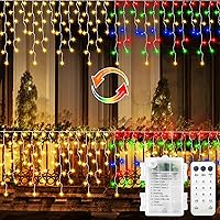 Vista 8 de Luces de cortina de hadas para jardín, luces de carámbano, 102 LED con batería para exteriores, con mando a distancia y temporizador, cable verde