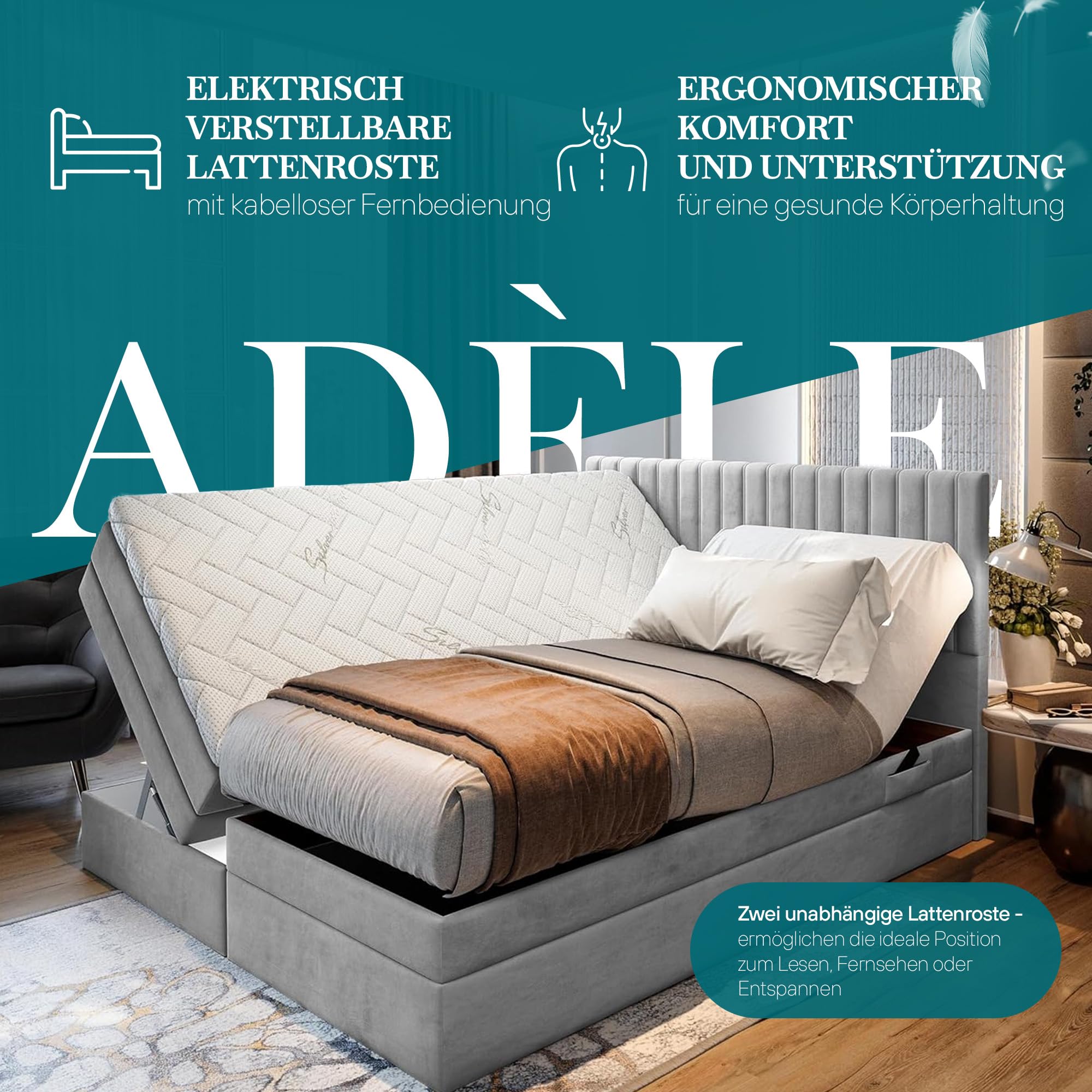 TRADA Boxspringbett ADÈLE 180x200 cm, elektrisch Bett mit Matratze + Tooper | Stoffbezug Veloursstoff, Bettkasten mit Gasautomaten, Beige