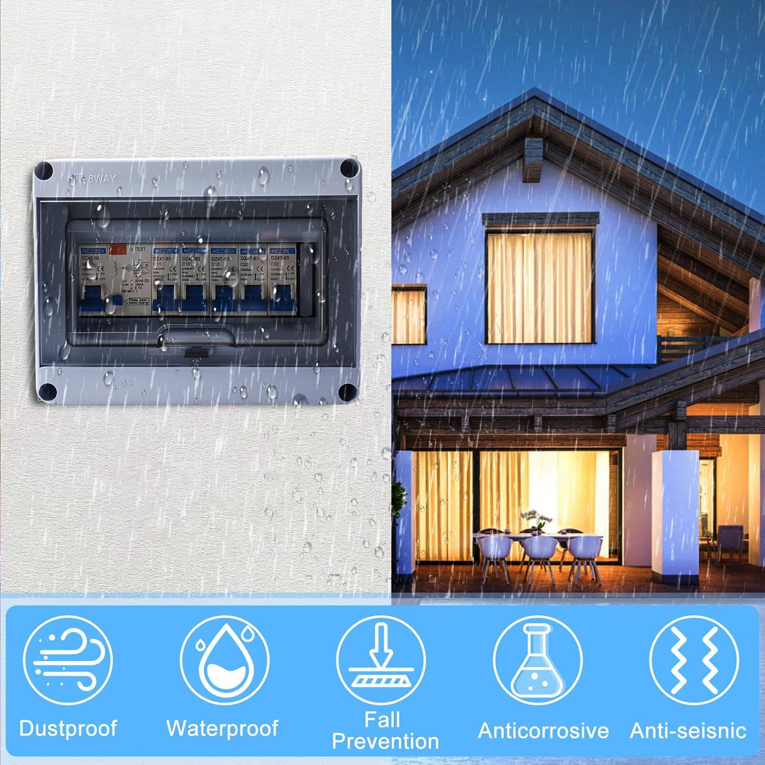 Caja de fusibles de superficie IP65 con disyuntor, disyuntor 63 A, 4 vías, 2 x 6 A+10 A+20 A+32 A, subdistribución en superficie, interruptor de separación CA, distribuidor pequeño, caja de