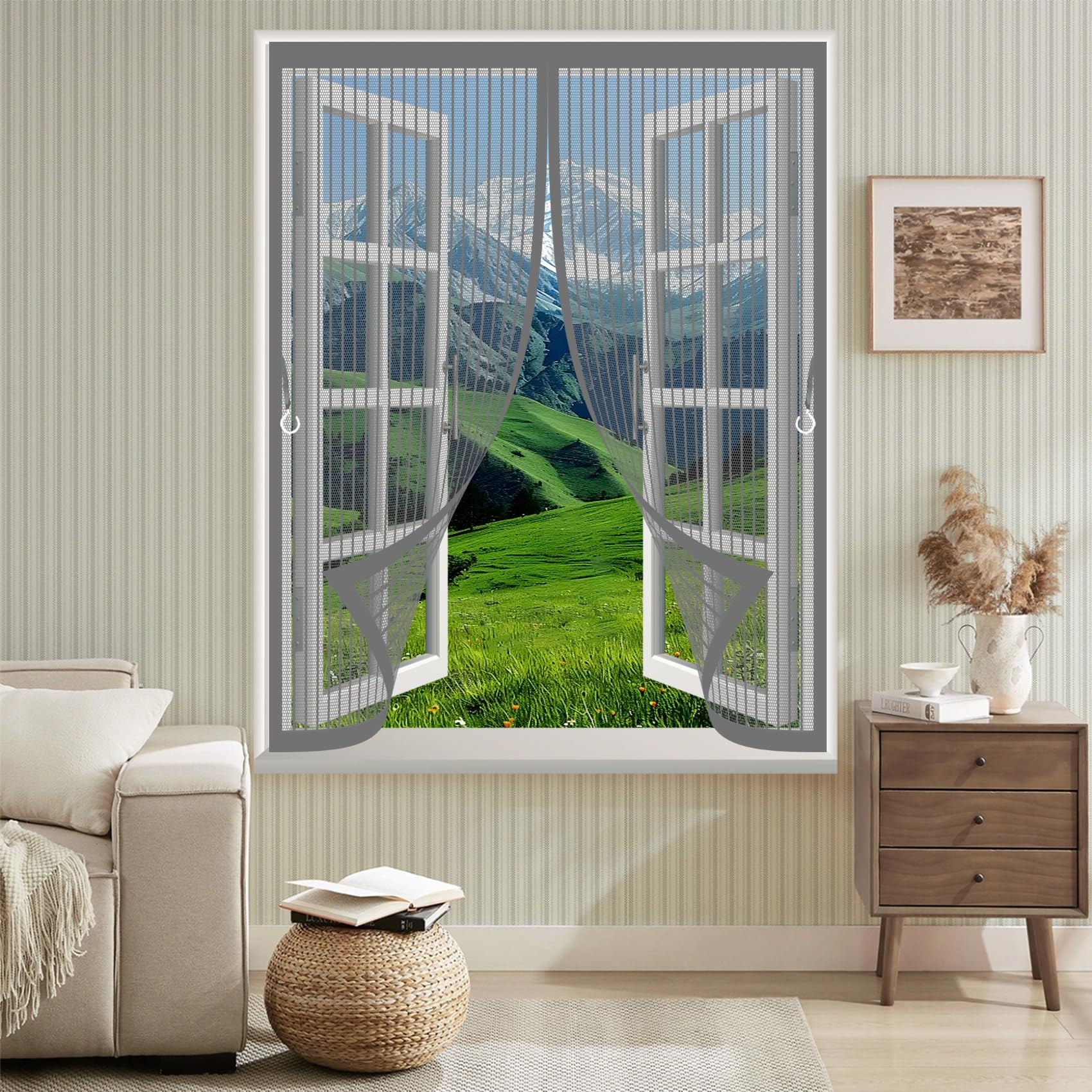 Moskitiery Do Zasłon 90 x 170 cm Silne Magnesy, Montaż Bez Wiercenia, Zamyka Się Automatycznie, Chroni Przed Muchami I Owadami Zasłona Z Siatki Do Wszystkich Typów Okien, Szary