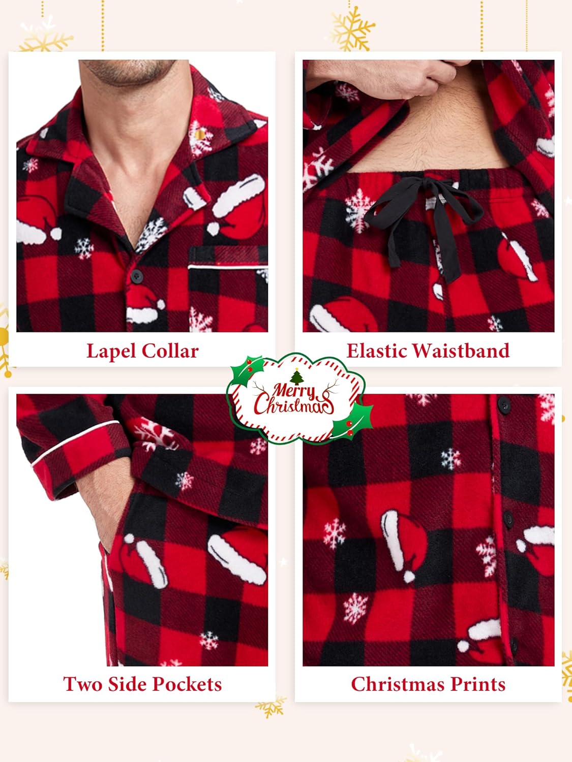 COLORFULLEAF Couples Matching Chritsmas Pajamas Sets Fleece Plaid Button Down Pjs Set Soft Warm Loungewear with Pockets - Image 5