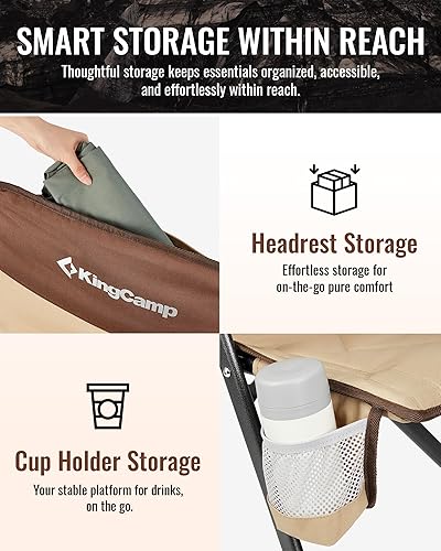 Miniatura 86 de KingCamp silla plegable de gran tamaño para campamento con soporte lumbar, silla ergonómica acolchada con reposabrazos, alta resistencia, con bolsa