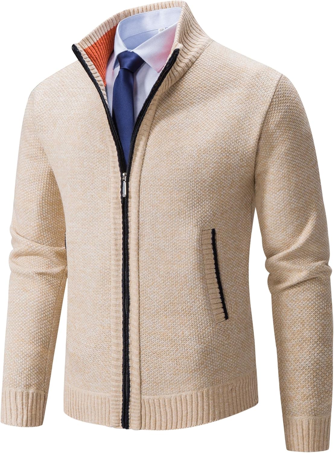 Men’s Cardigan Sweaters Full Zip Up Stand Collar Slim Fit Casual Knitted Sweater with 2 Front Pockets