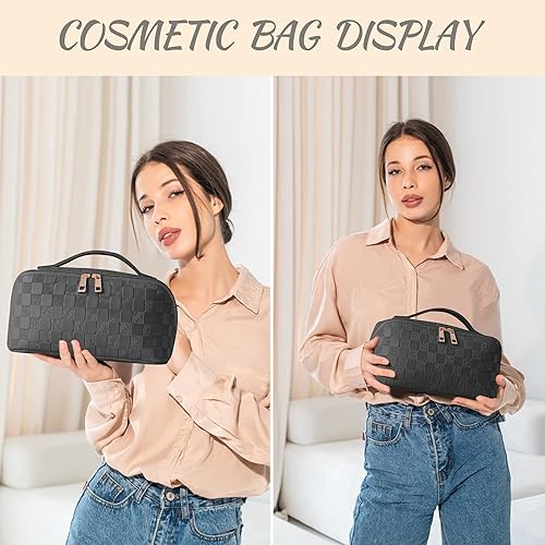 Miniatura 6 de SFXULIX Bolsa de cosméticos de viaje de gran capacidad, bolsa de maquillaje, bolsa de cosméticos impermeable de piel sintética, bolsa de maquillaje