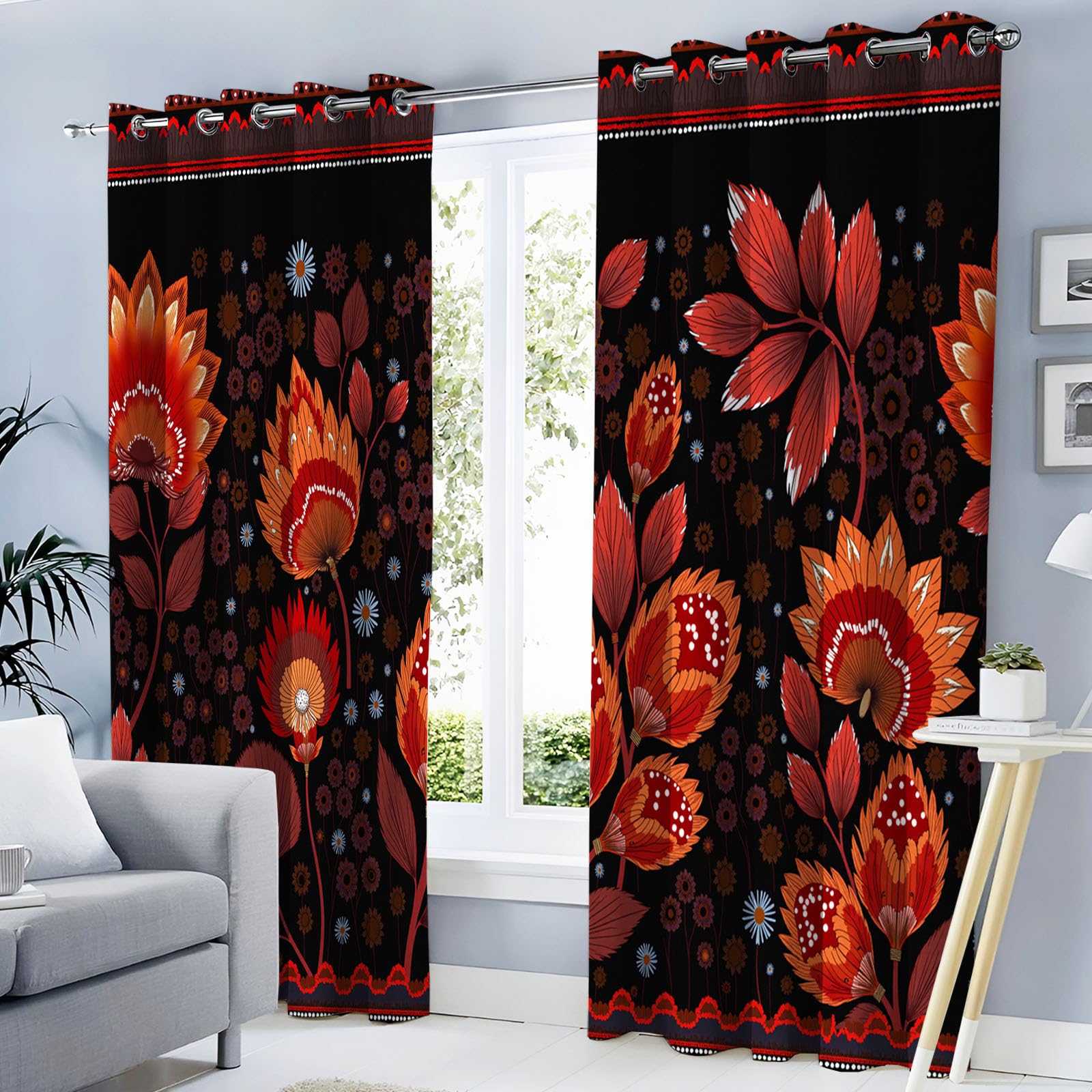 Rideaux occultants 140x225 floral rouge orange isolant thermique x2