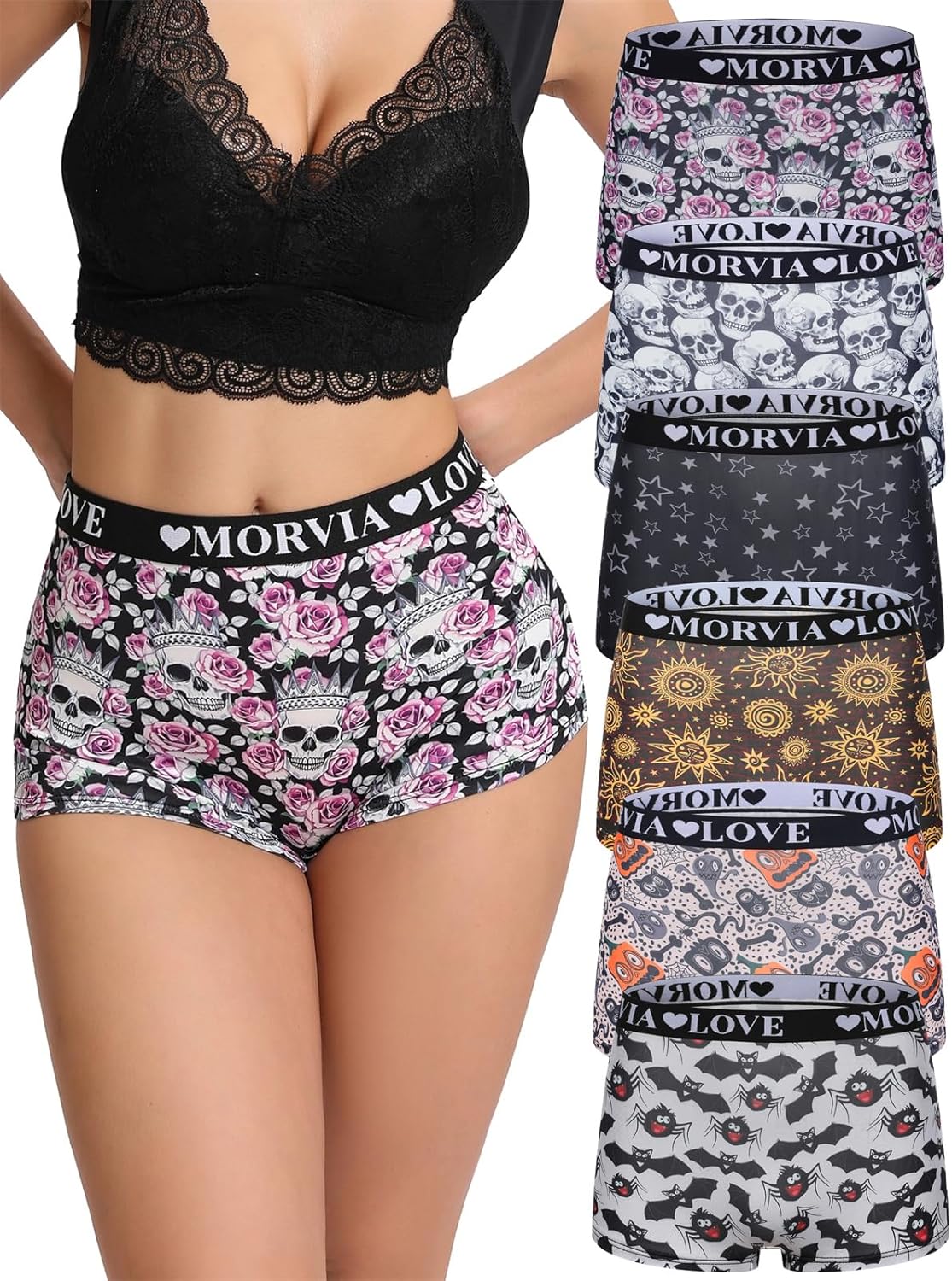 Morvia 6 Pack Gothic Halloween Print Boyshorts, High Waist Variety Underwear with Elastic Band, Skull Rose Stars Pattern