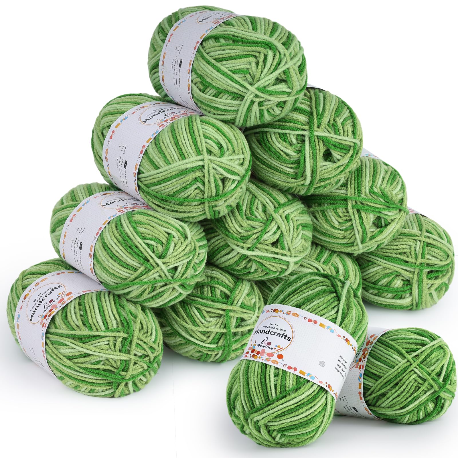 Aeelike Gradient Acrylic Yarn Set 600g, 12 x 50g Soft 5Ply Milk Cotton Yarn for Crochet Beginners, Baby Ombre Yarn Wool for Knitting and Crocheting Amigurumi & Granny Squares, Gradient Apple Green — image 1