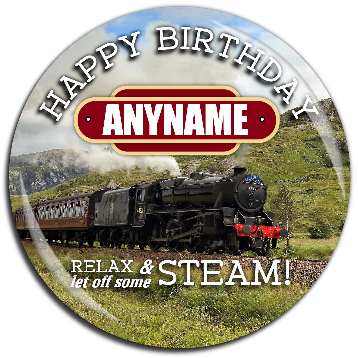Large 75mm Personalised Steam Train Happy Birthday Badge N16 Kids Adults Gift for him her ANY NAME