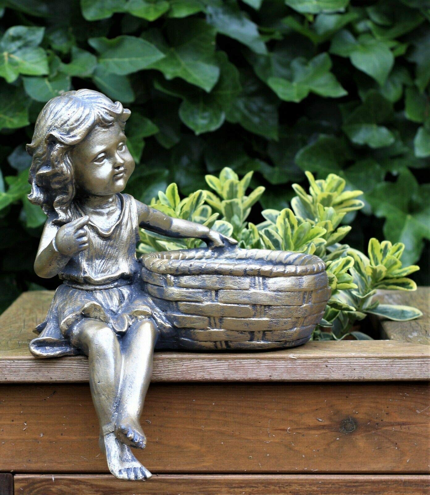 Hh Home Hut Girls Bronze Basket Garden Ornament Fairy Cherub Pixie Bird Feeder Bath Planter 32 Cm