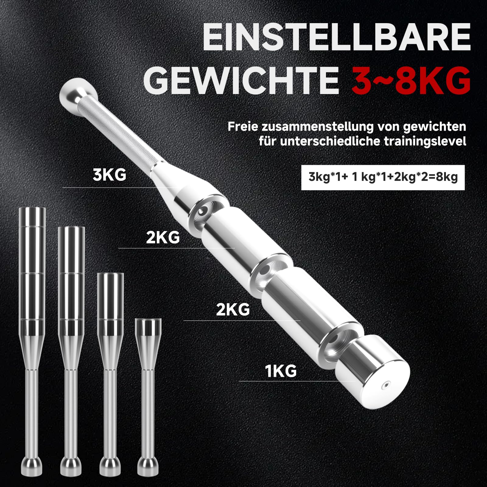bimiti Verstellbarer Macebell, 6-in-1 Macebell 3/4/5/6/7/8kg für Ganzkörpertraining, Krafttraining, Muskeltraining, Schultertraining, Grip-Training und Stretching Verwendet