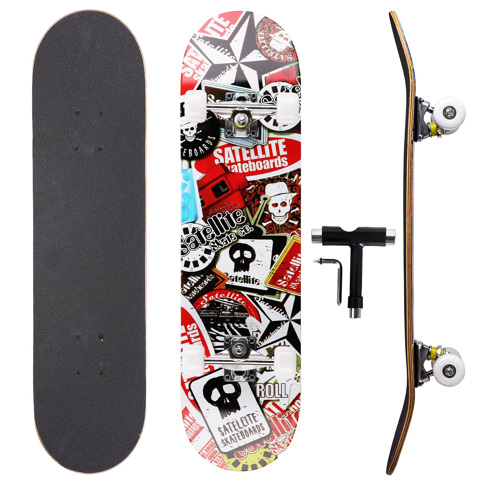 Skull &amp; Wolf Professional Double Kick Skateboard, 31 inch Maple Deck, ABEC-9 Bearings, 97A PU Wheels