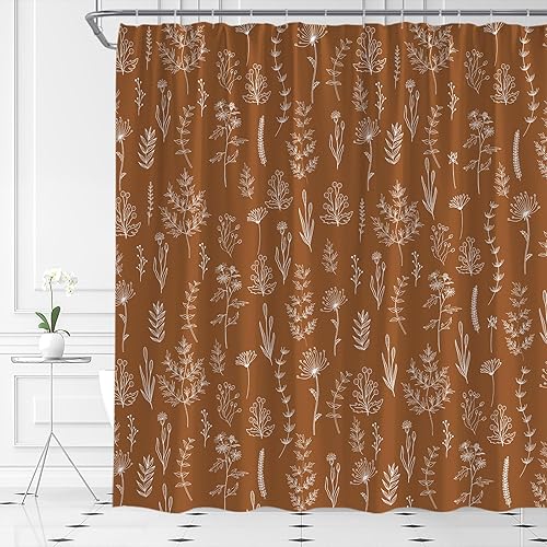 Miniatura 8 de Cortina de ducha con diseño floral bohemio, terracota naranja quemado, hojas de plantas botánicas, primavera, rústico, granja, impermeable, tela de
