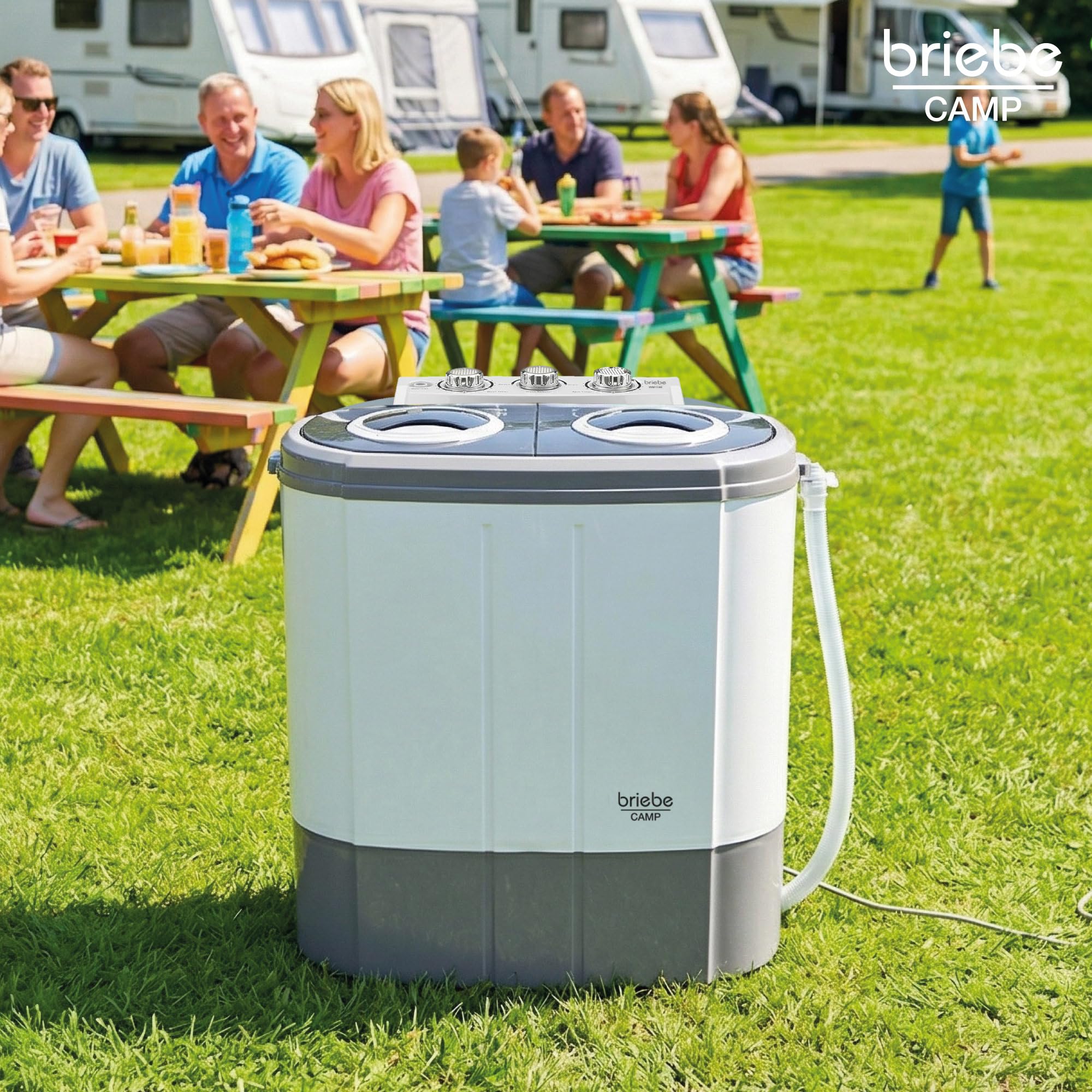 briebe Camp Mini-Waschmaschine, Tragbar, mit Schleuder, Camping, Kapazität 3 kg, Ideal für Reisen, Wohnwagen, Wohnmobile, Kleine mit 2 Fächern, Geringer Wasser- und Energieverbrauch, Grau/Weiß
