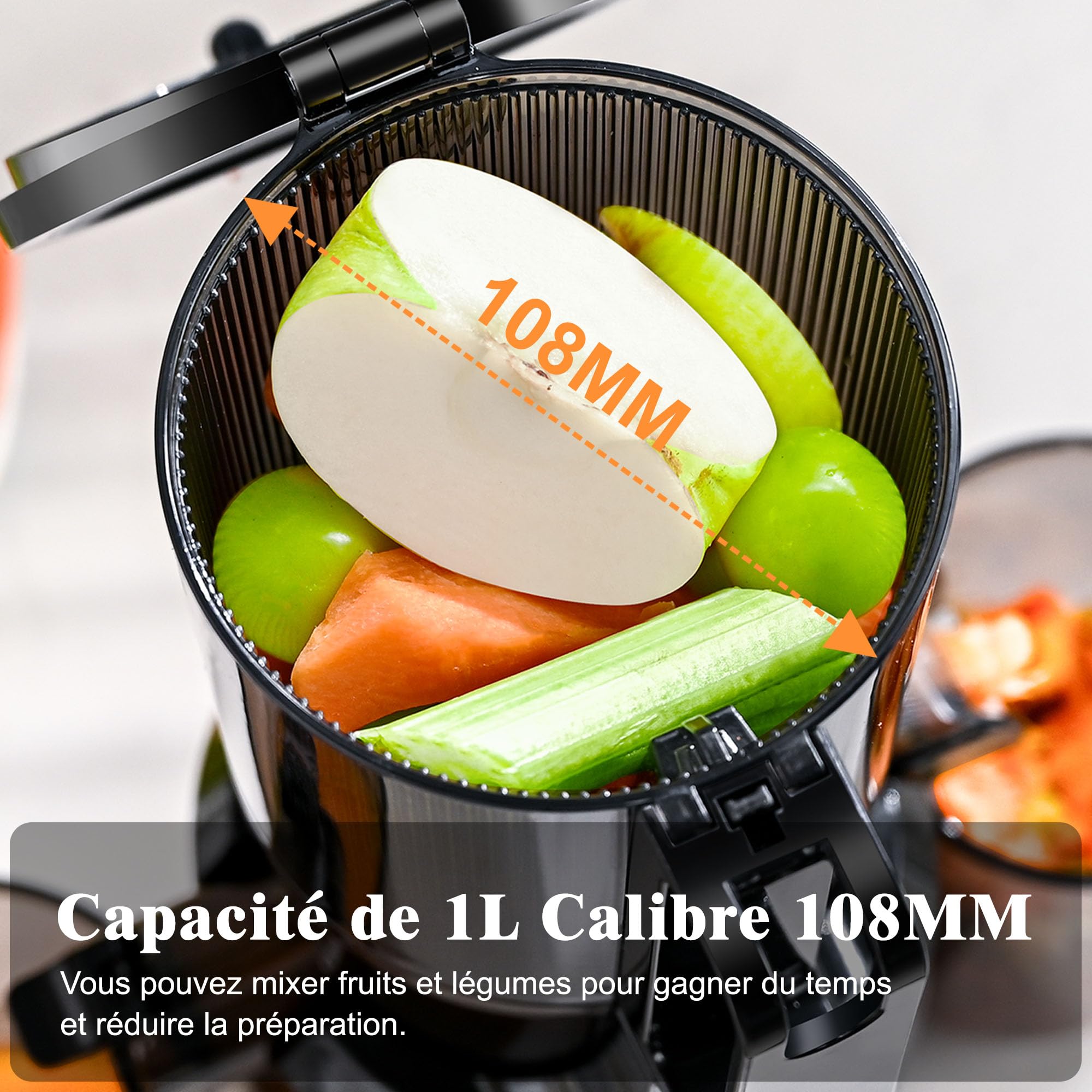 Extracteur de Jus Fretta, Presse à Froid, Grande Ouverture 108mm, 200W, 1L, Sans BPA, Noir