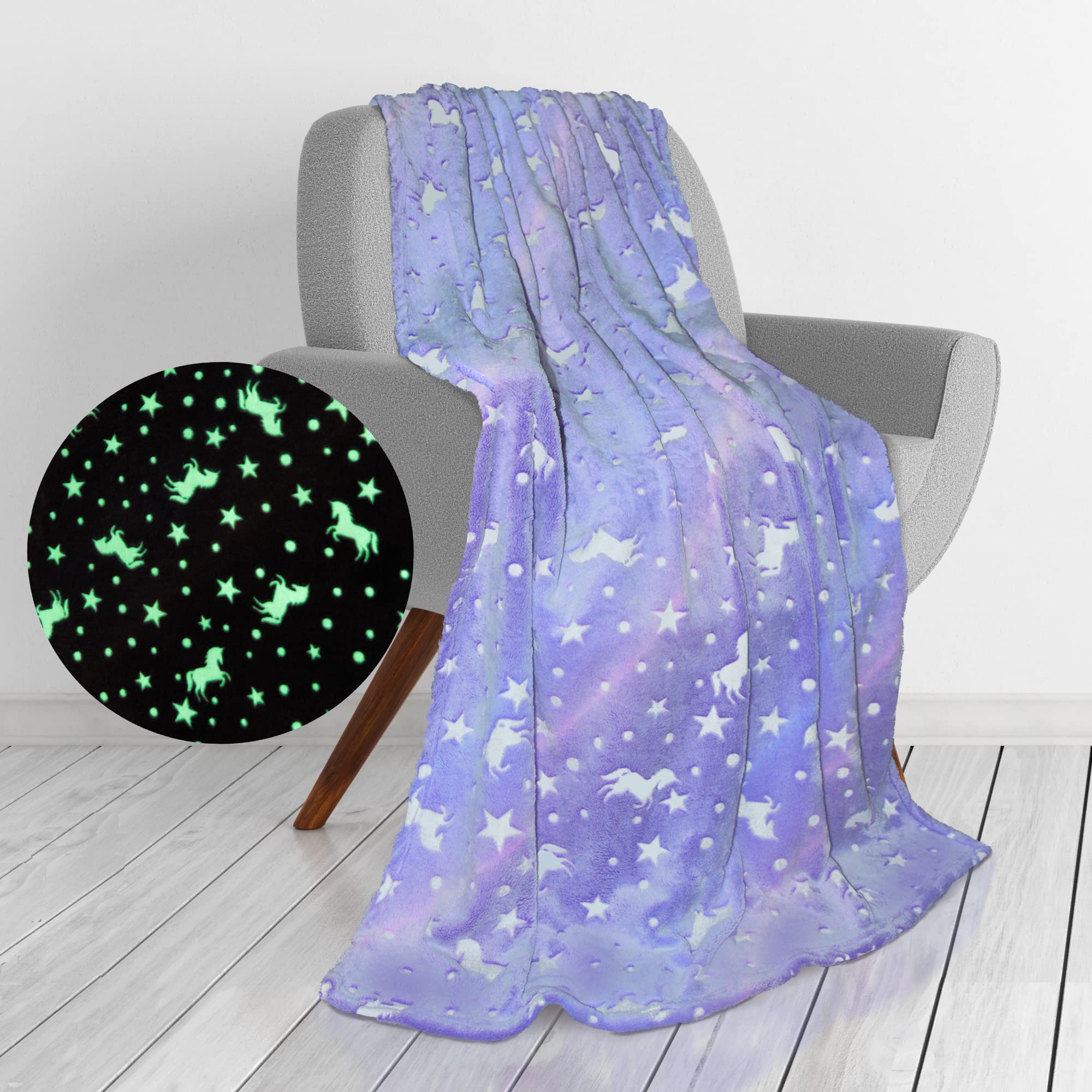 Couverture Phosphorescente Pour Filles - Motif étoiles Lumineuses - Cadeau D'anniversaire Amusant - Fée Arc-en-ciel - Pégase - Couverture Polaire En Flanelle Douce - 73,6 X 99,1 Cm