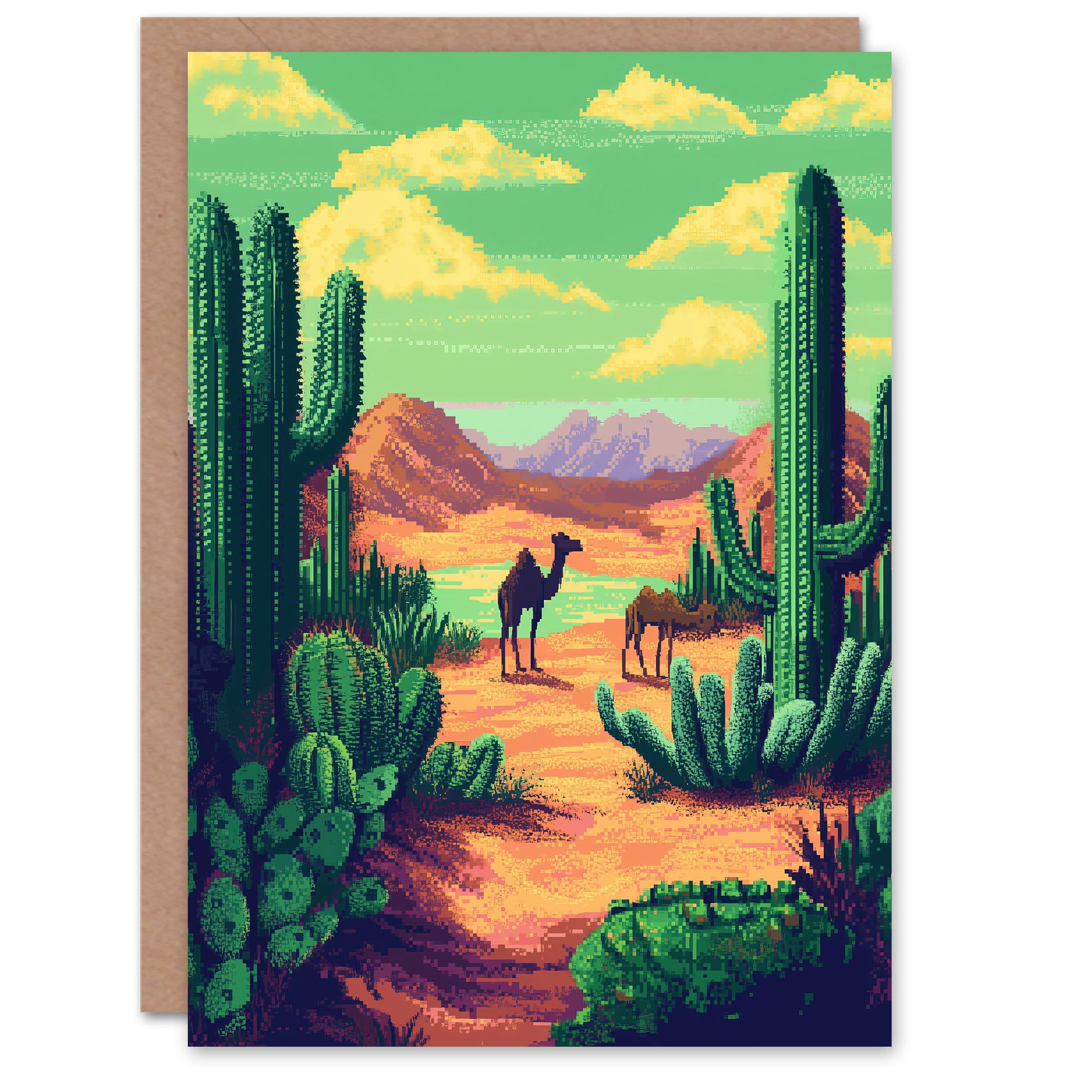 Artery8 Greeting Card Camels in Desert Cacti Oasis Pixel Art Landscape Blank For Him Or Her Art Birthday Card