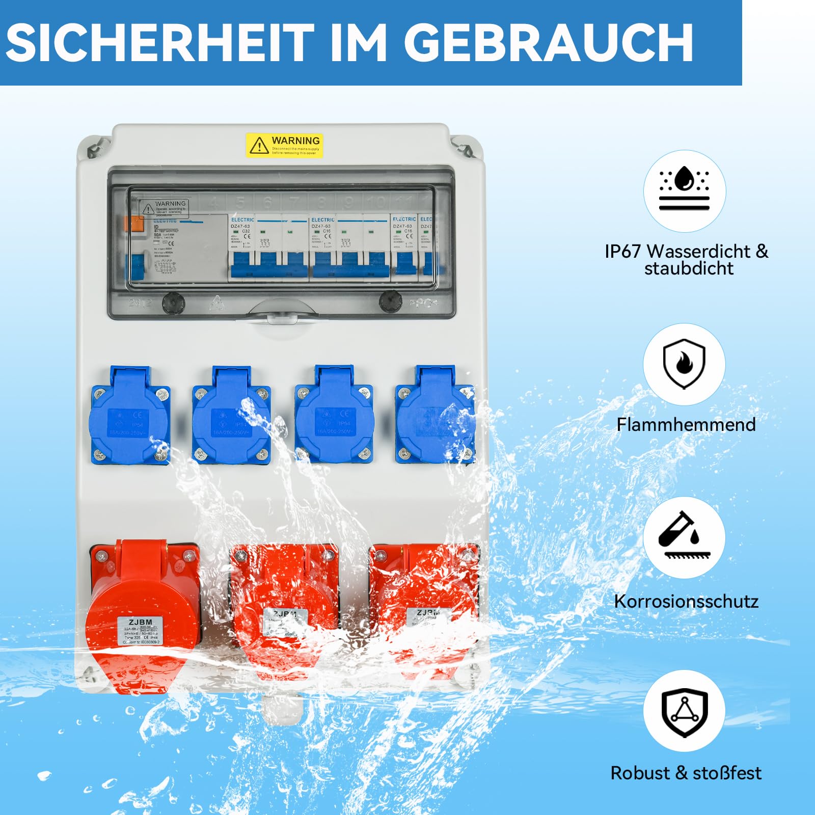 Baustromverteiler Wandverteiler mit LS+FI, Komplett Verdrahtet Stromverteiler mit 4x 230V Schuko, 2x16A 380V CEE, 1x32A 400V CEE, IP67 Wasserdicht Gehäuse für Außen Innen Werkstätten Fabriken