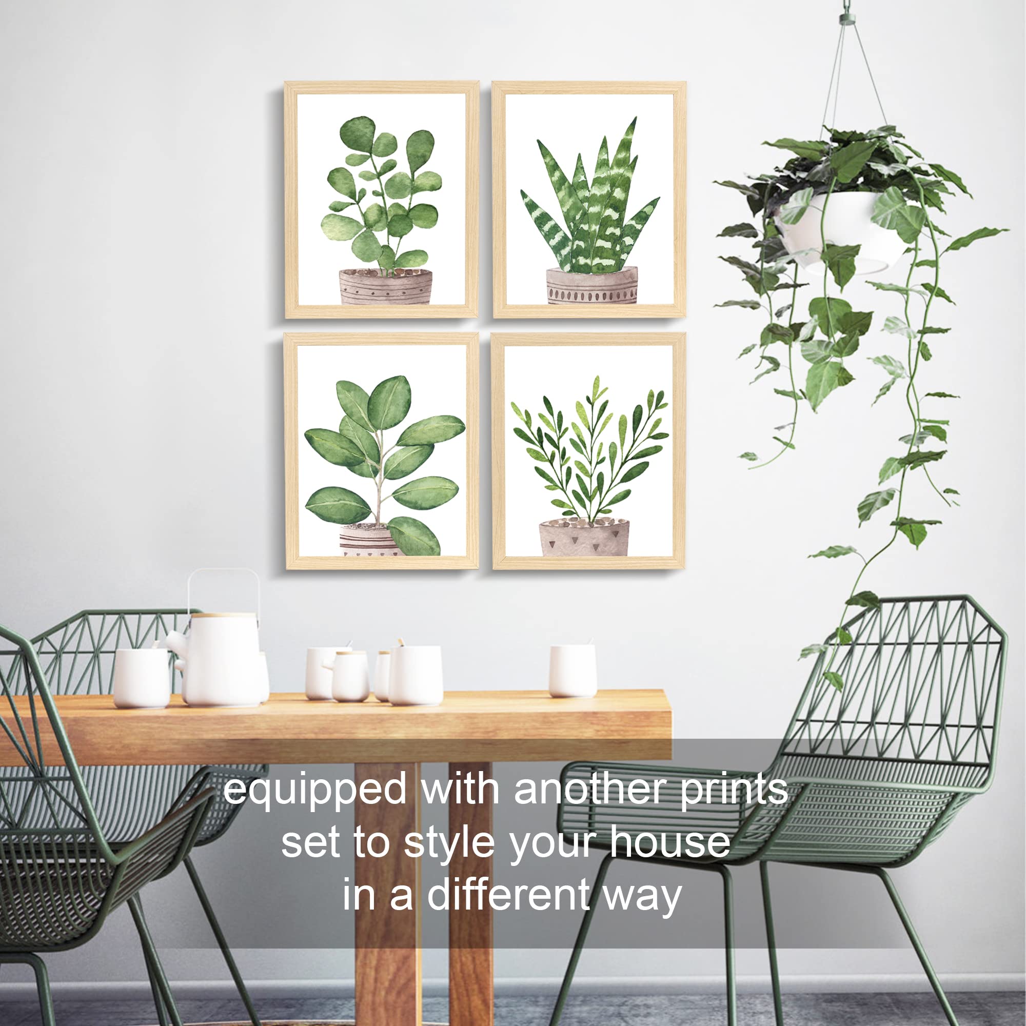 ArtbyHannah 8x10 Framed Boho Wall Art with Geometric Mid-century Artwork Prints Gallery Wall Set for Living Room Bedroom Wall Decor, with EXTRA Set of Green Plants Prints 4-pack