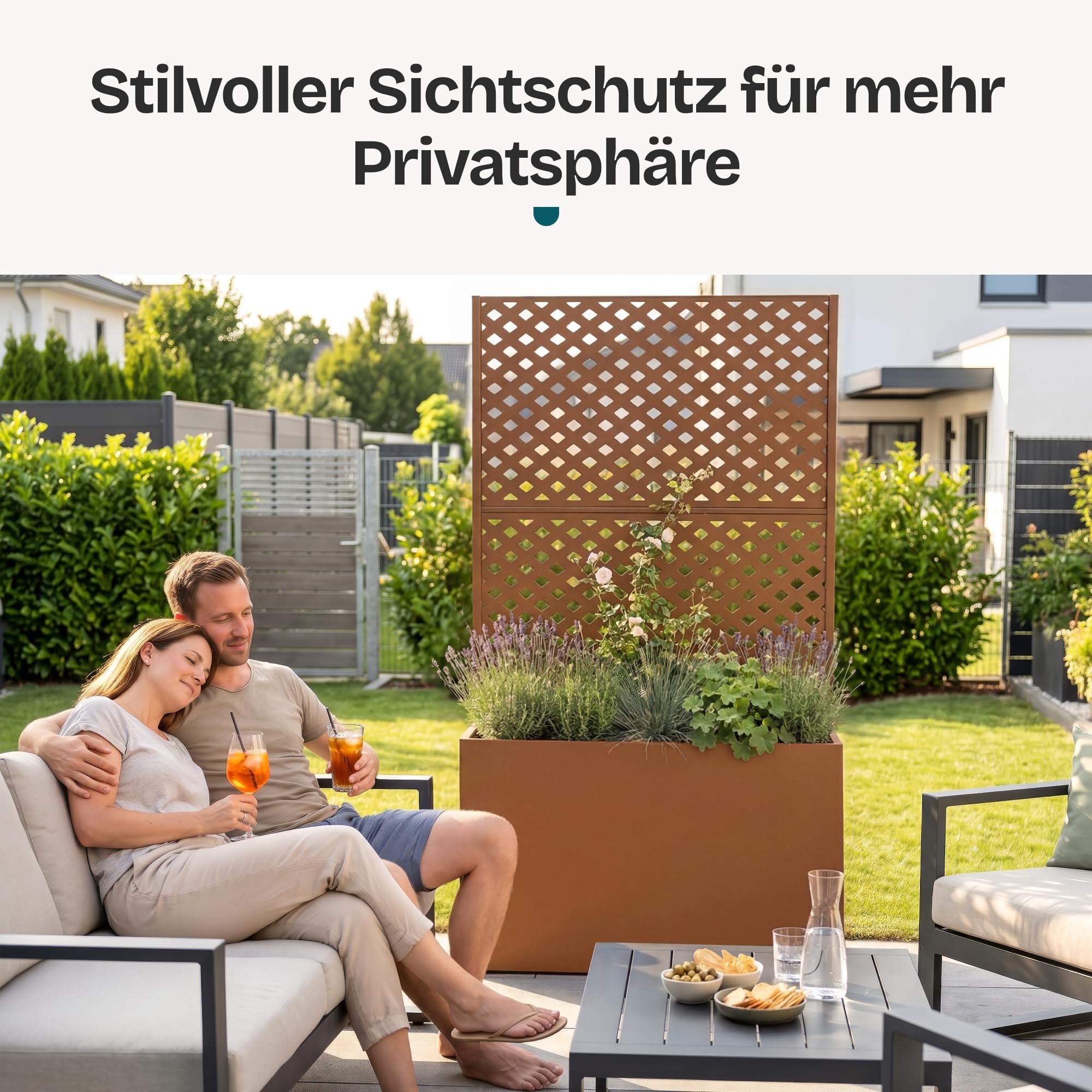 casa.pro Blumenkasten mit Sichtschutz Malja 146 x 83 x 31cm Braun | Trennwand, indoor, outdoor, Rankgitter, wetterfest, Metall, verzinkt, für Balkon, Terrasse, Pflanzkübel hoch