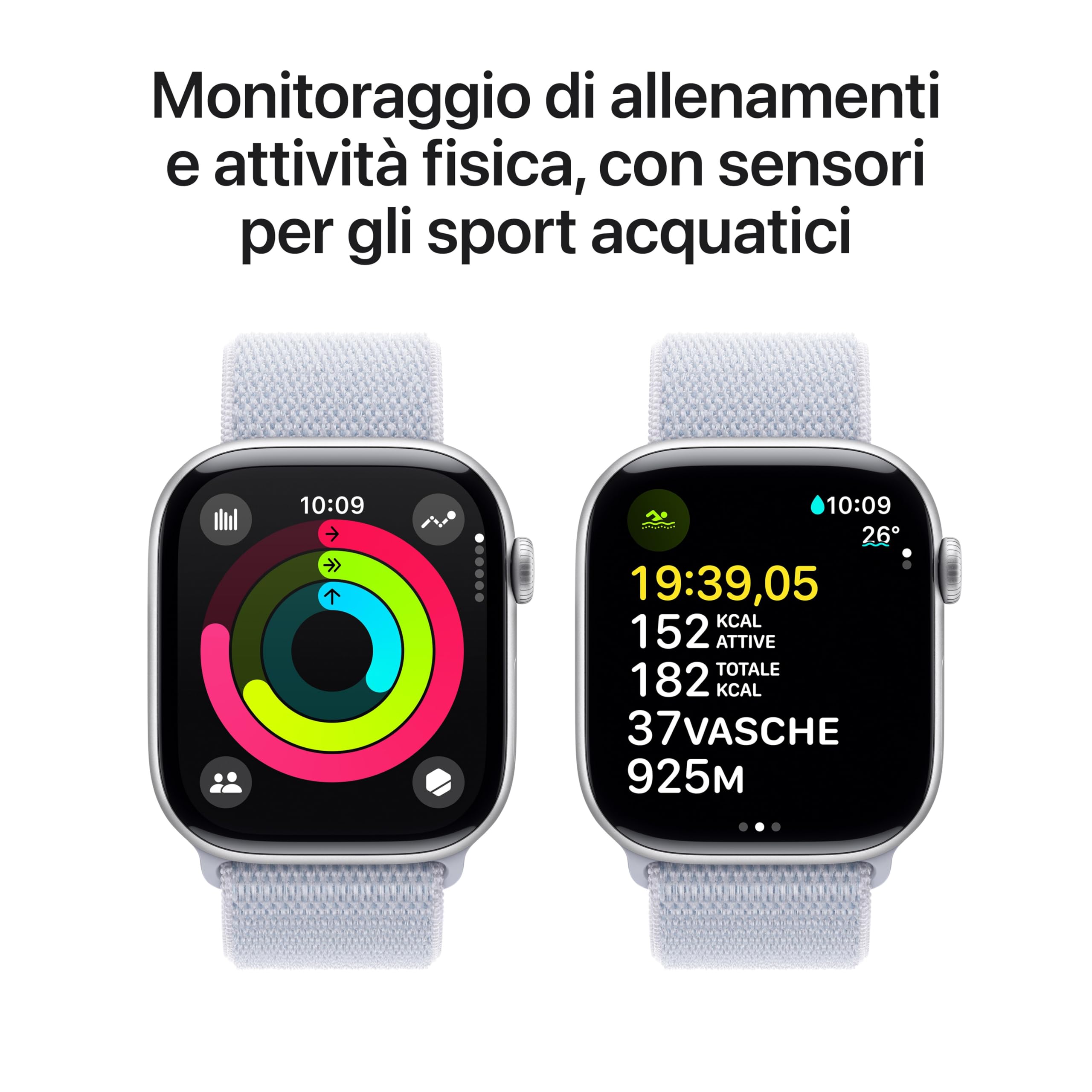 Apple Watch Series 10 GPS + Cellular 46 mm Smartwatch con cassa in alluminio Argento e Sport Loop Nuvola azzurra - One Size. Fitness tracker, app ECG, display Retina always-on, resistente all’acqua