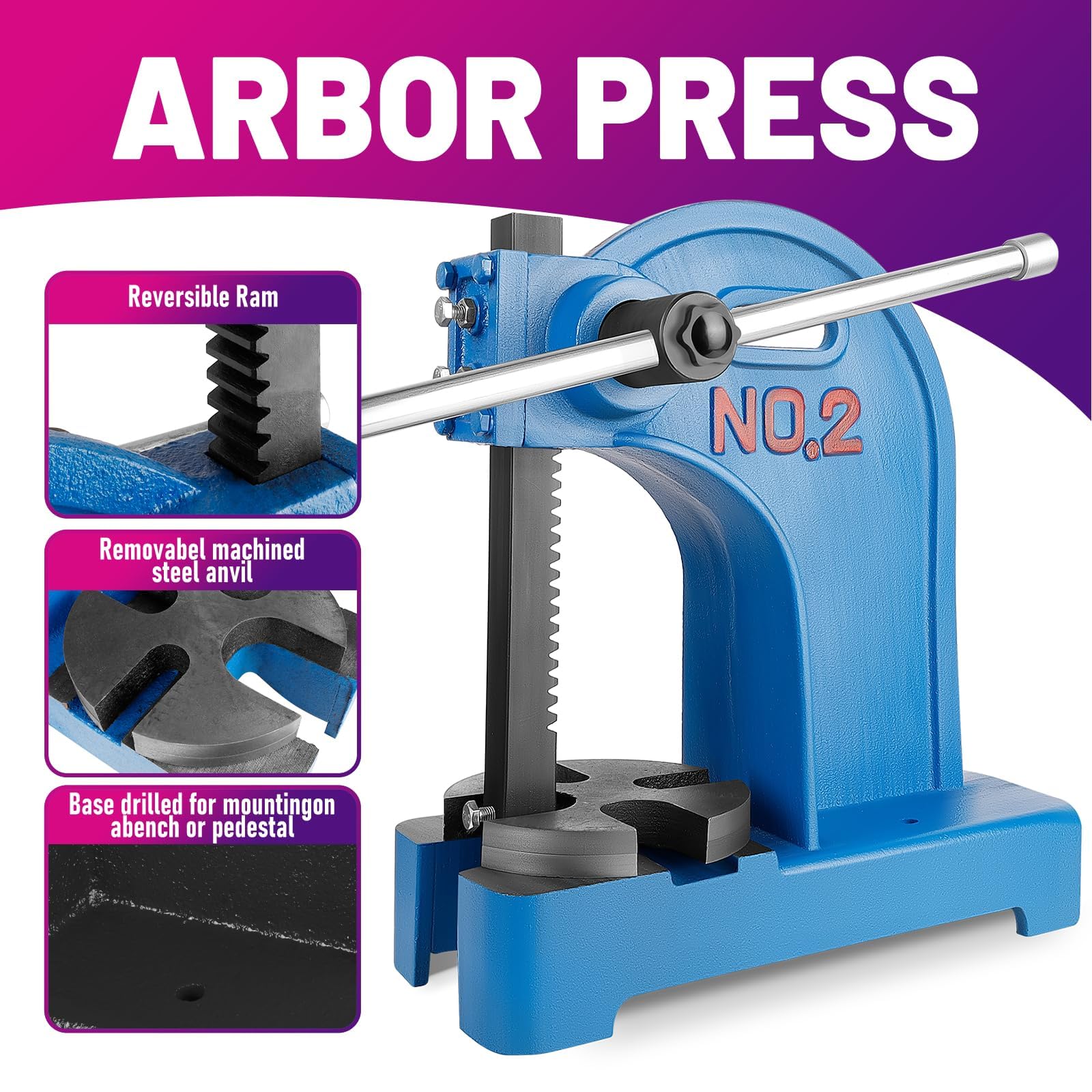 Prensa manual de 2 toneladas de hierro fundido resistente para estampar y doblar, herramienta de taller versátil con 17.3 pulgadas de altura, ideal para proyectos de metalurgia