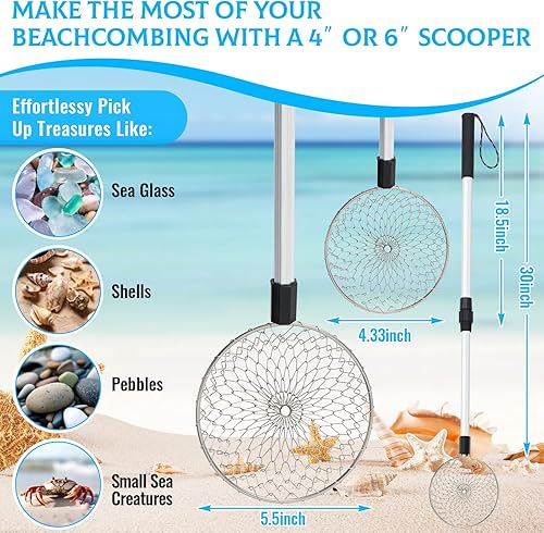 Miniatura 3 de Roshtia Paquete de 2 tamices de dientes de tiburón de 30 pulgadas ajustables para playa, pala de arena y herramienta de tamiz con mango largo