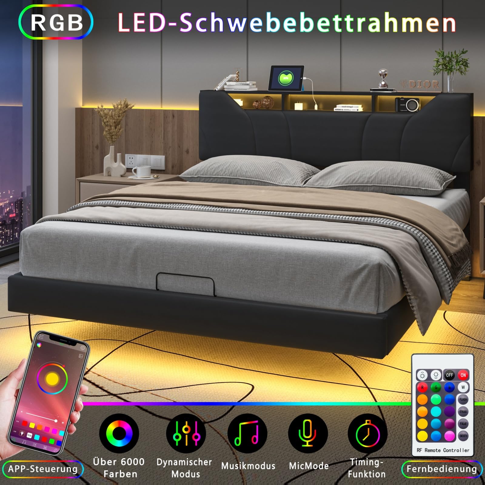 BestAlice Letto matrimoniale imbottito 140 x 200 cm, letto sospeso con stazione di ricarica e LED, letto per ragazzi, testiera regolabile con ripiani aperti e spazio di archiviazione, PU nero