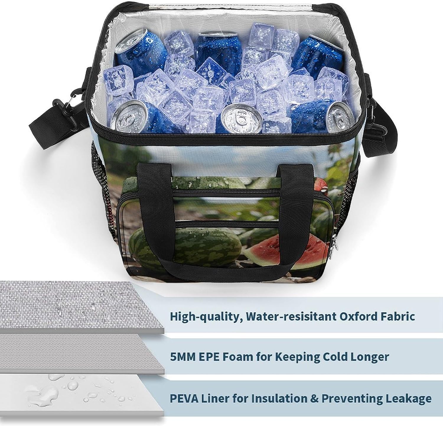 Camping Ice Pack, Watermelon on The Ground Print Cooler Bag, 22.5L Large Capacity Insulated Lunch Tote Bag for Outdoor, Picnic, BBQ, Travel, Work