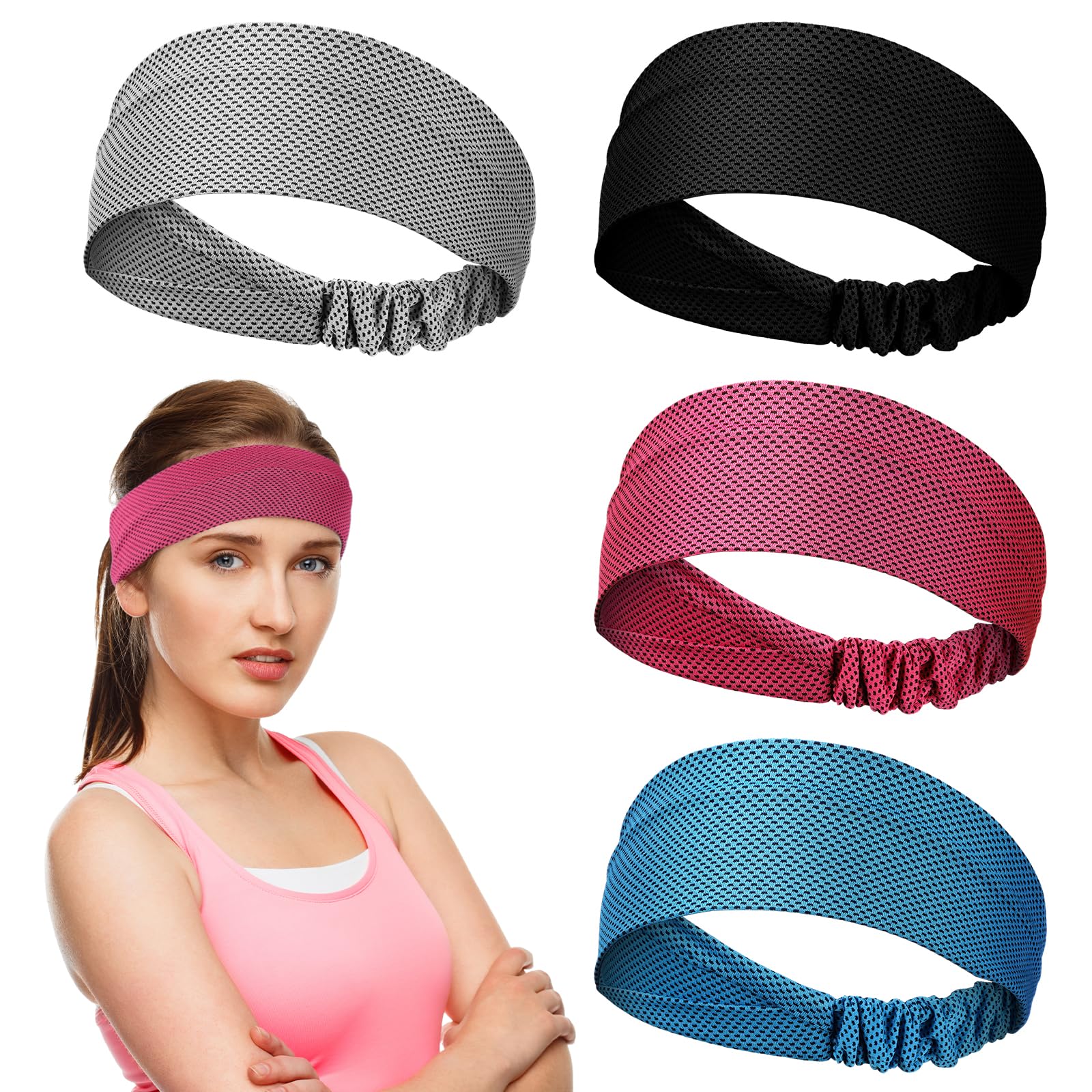 Coume 4 Pcs Cooling Headbands for Women Men Sweat Absorbing Headbands Stretchy Sports Hair Bands for Running, Yoga, Golf, Camping, Biking, Tennis(Sky Blue, Black, Gray, Rose Red)