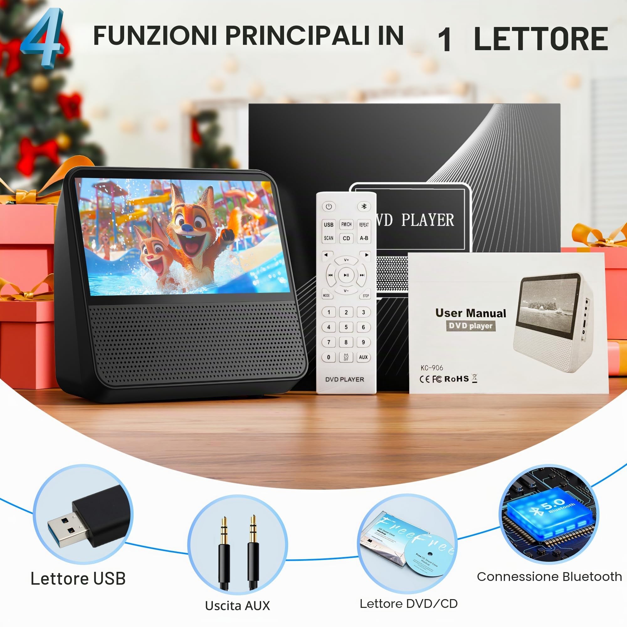 Lettore DVD portatile | Supporta disco/Bluetooth/USB/AV, tutti i lettori CD DVD per auto con luminosità regolabile, bianco