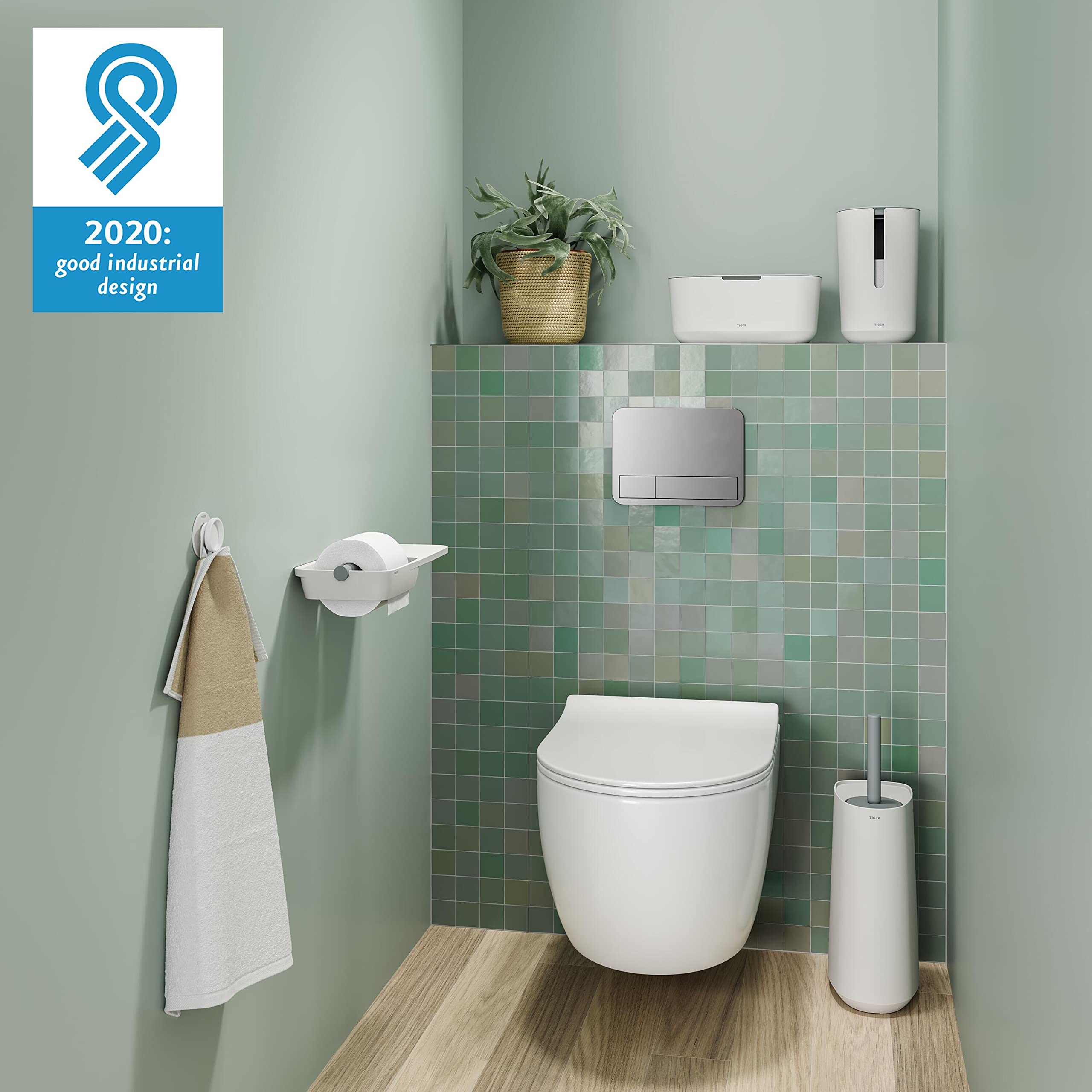 Tiger Tess, Escobillero con Capacidad de Almacenamiento Independiente y Swoop®, escobilla WC Flexible Blanco/Gris Claro, 187x145x454mm