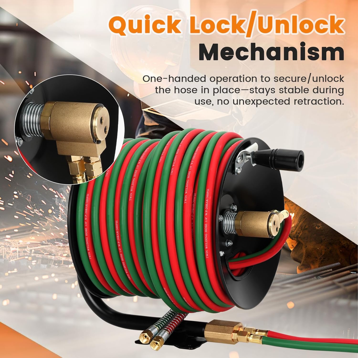 Manual Twin Welding Hose Reel Set, 1/4" ID 100ft Oxygen Acetylene Hose (Max 300 PSI, Grade T), Includes 3ft Lead-in Hose & 9/16"-18 B Fittings, Heavy Duty Steel Mount for Wall/Ceiling/Cart