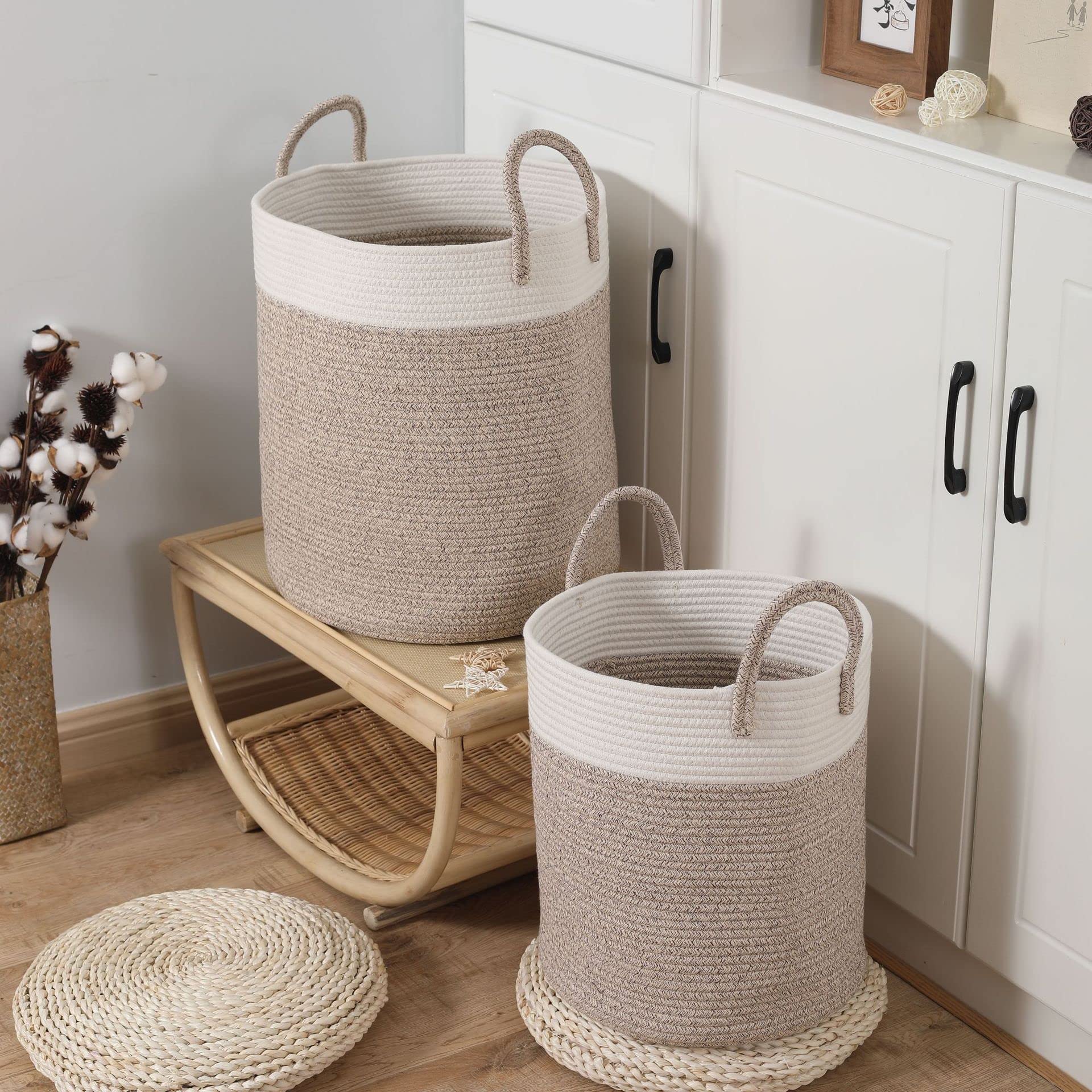 Cesta de almacenamiento Estilo japonés Cuerda de algodón Tejido Ropa sucia Cesta de lavandería Impermeable Portátil Gran capacidad Plegable Caja de almacenamiento de artículos diversos (Blanco marró