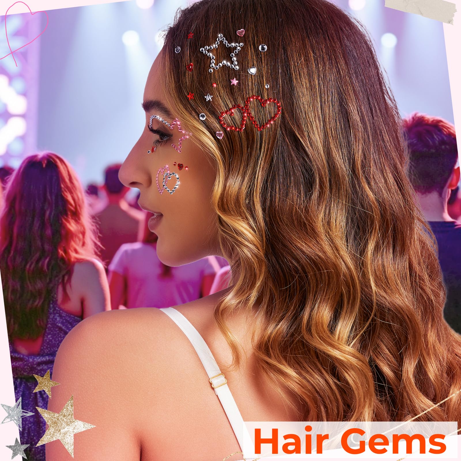 YGDZ Face Gems, Face Rhinestones Star Heart Self Adhesive Hair Gems, Festival Jewels Stickers Stick on, Rave Accessories, Face Jewels for Kids, Women