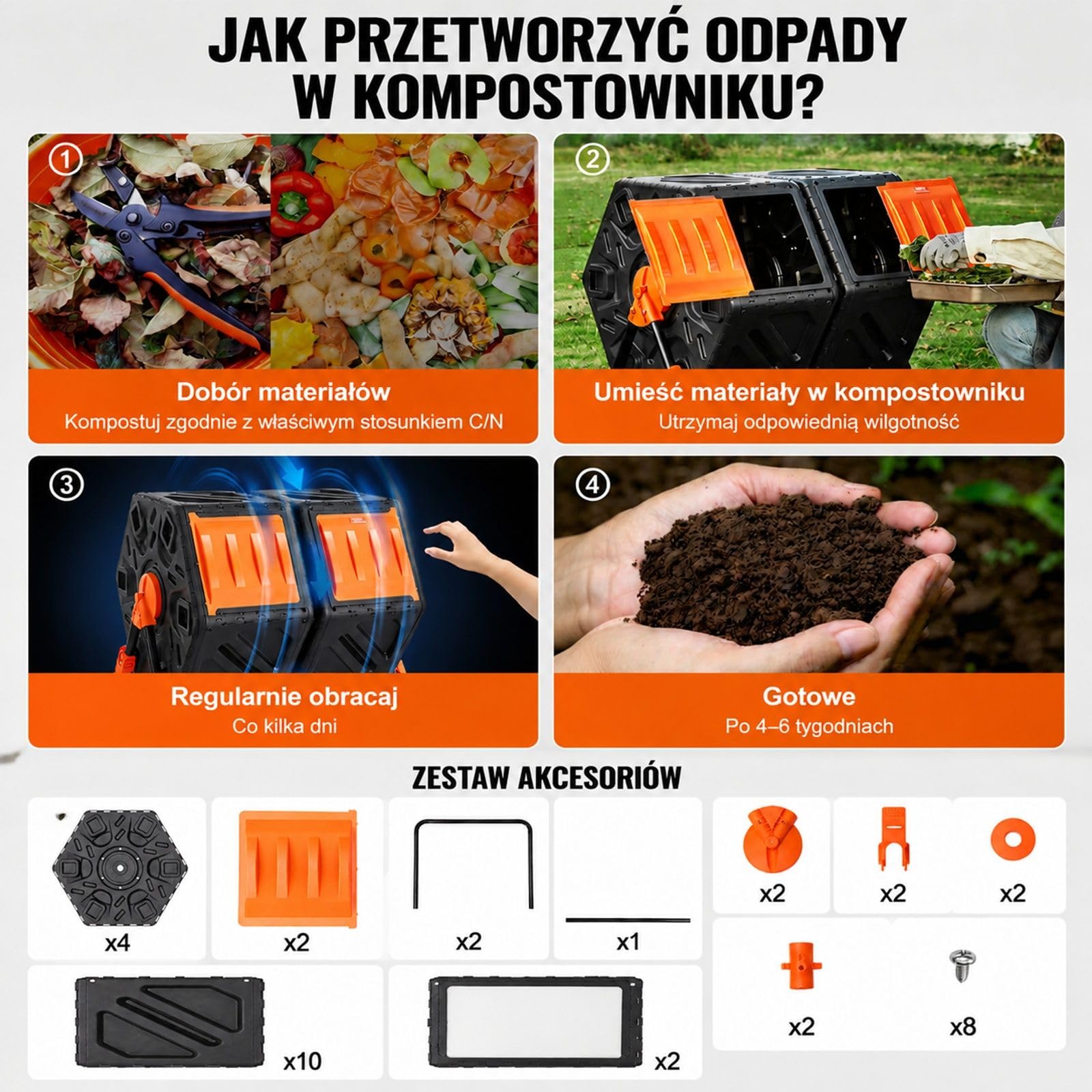 Obrotowy kompostownik 140 l z dwiema komorami i stalowym stelażem do ogrodu i na podwórko